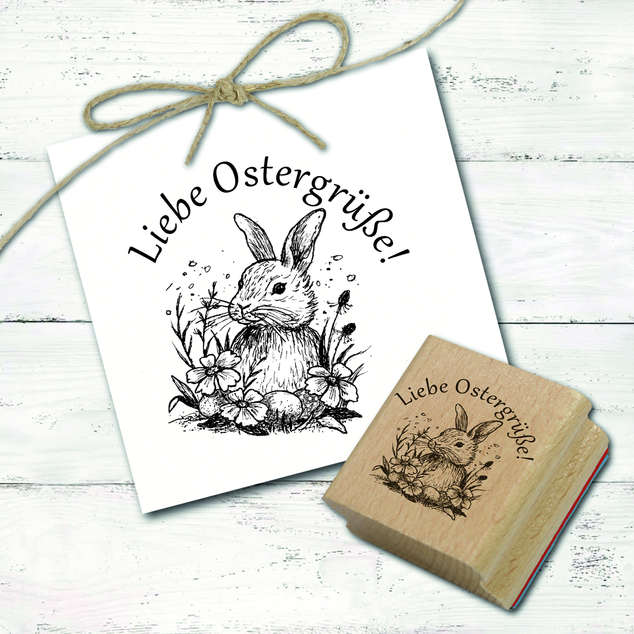 Motivstempel Osterhase Liebe Ostergrüße Blumen - Stempel Holzstempel 58 x 58 mm