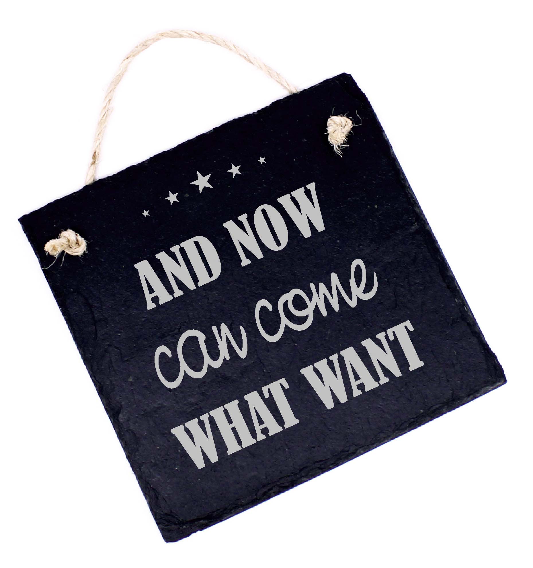 Denglisch Spruch Schild graviert AND NOW CAN COME WHAT WANT Türschild Schiefer 11x11cm