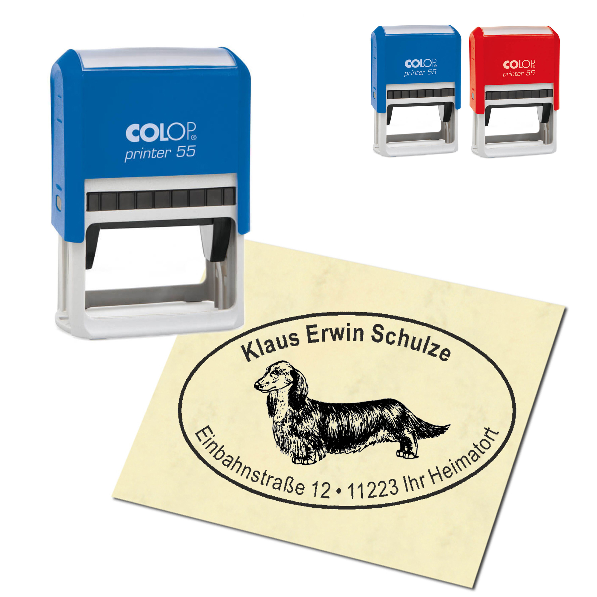 Adressstempel personalisiert Stempel - Langhaar Dackel - oval 59 x 39 mm