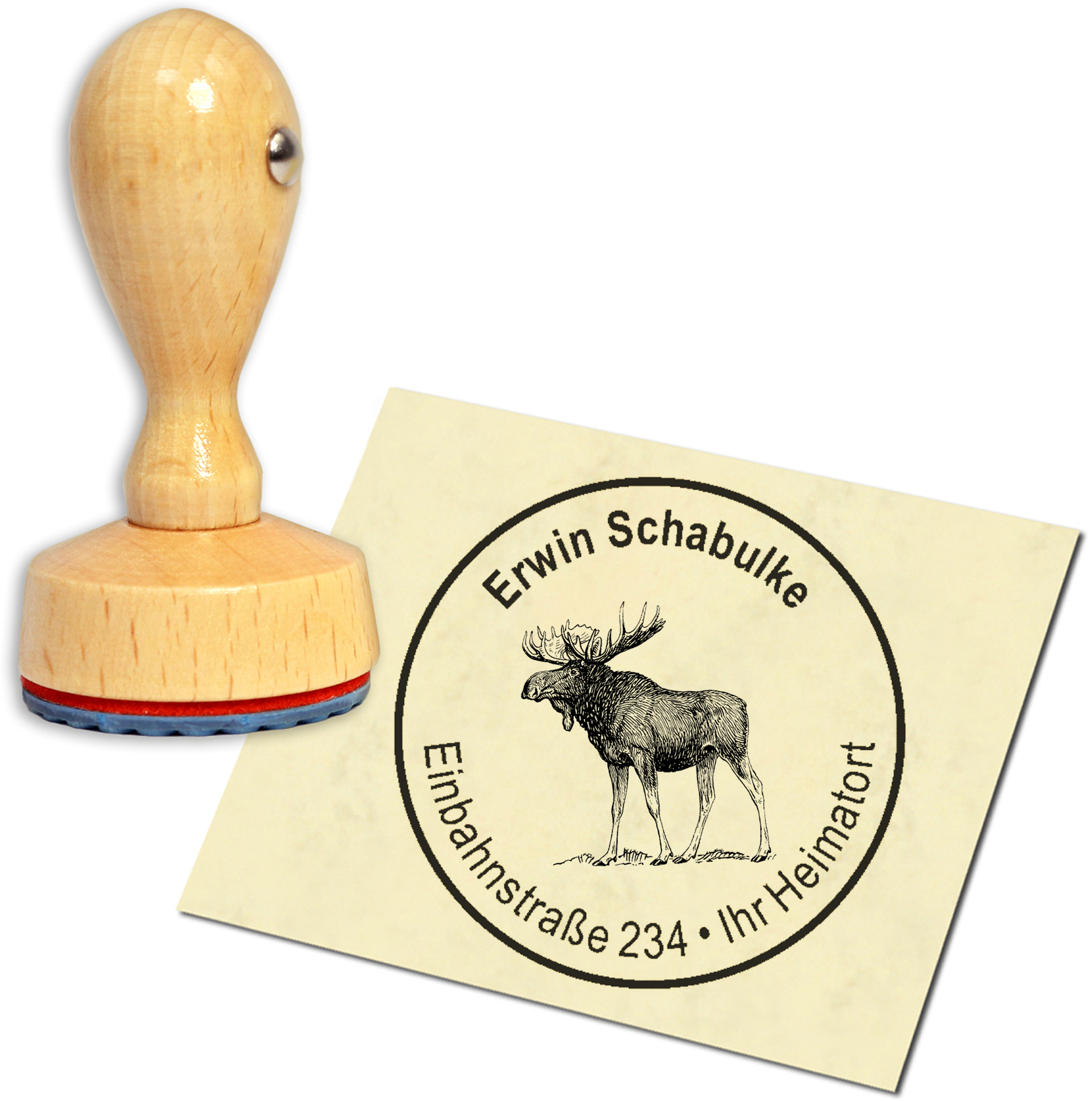 Stempel Adressstempel Holzstempel - Elch - rund 40mm
