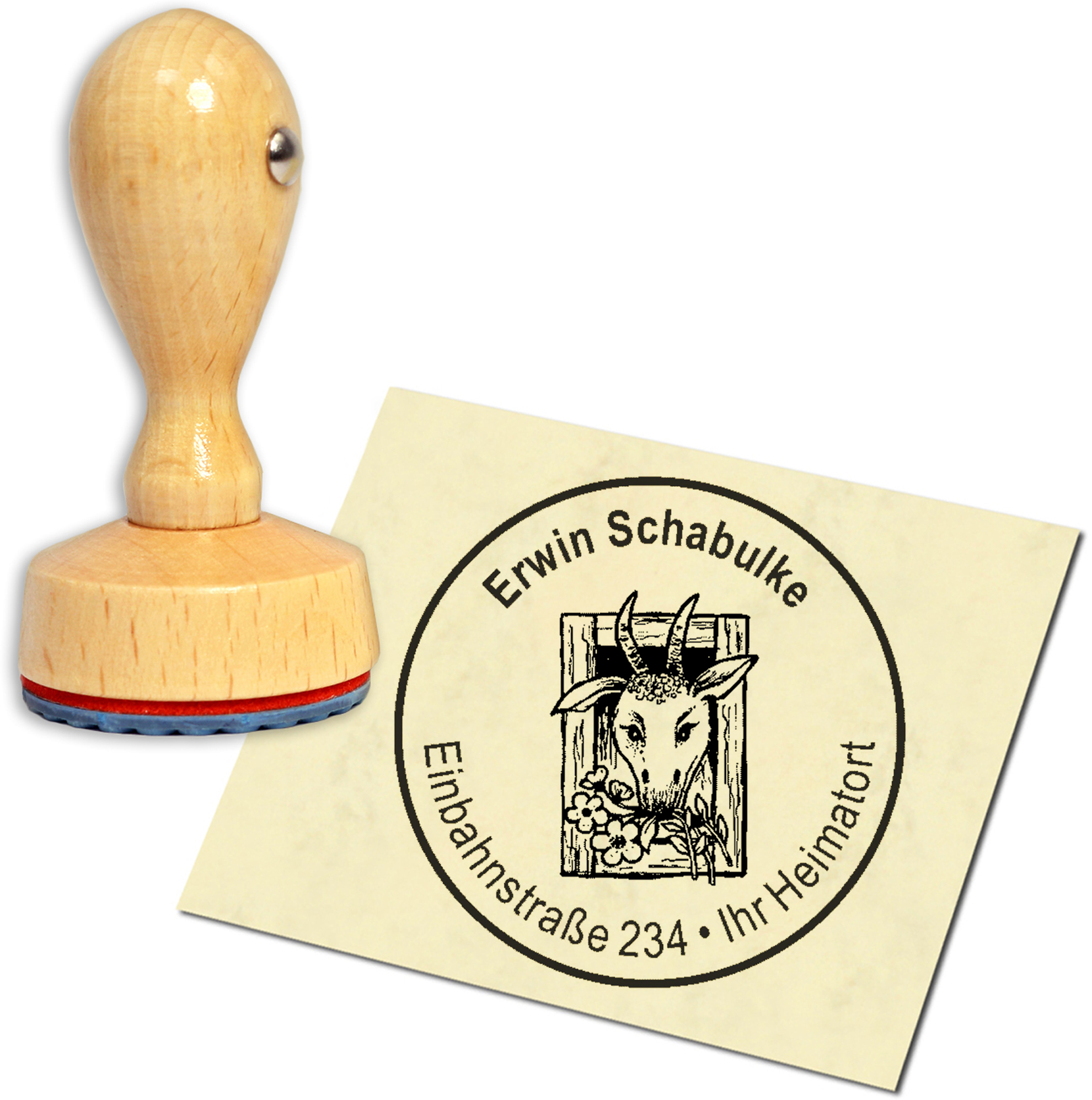 Stempel Adressstempel Holzstempel - Ziege im Fenster - rund 40mm
