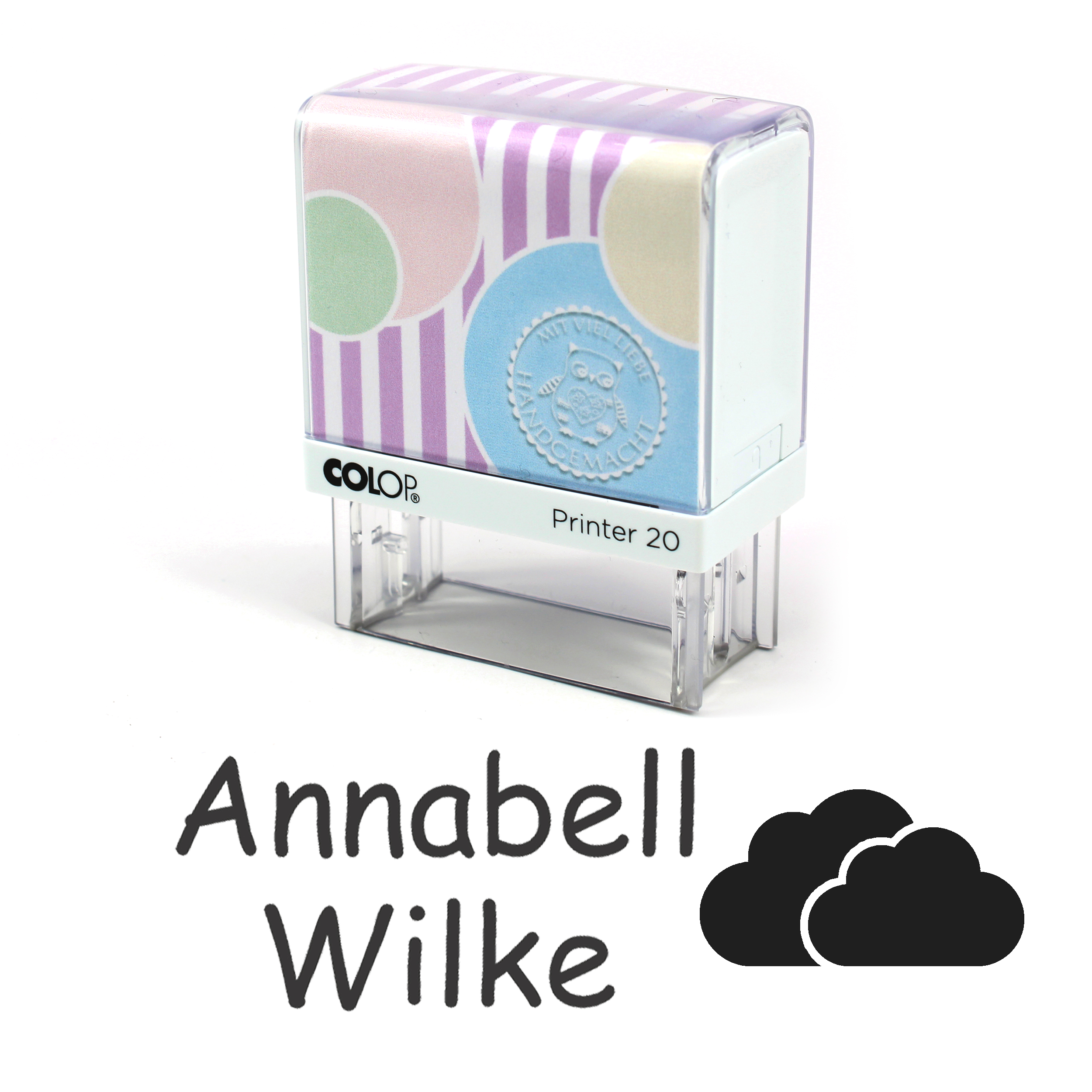 Textilstempel Wolke - personalisierter Automatikstempel mit Namen - für Textilien Kleidung 38 x 14mm