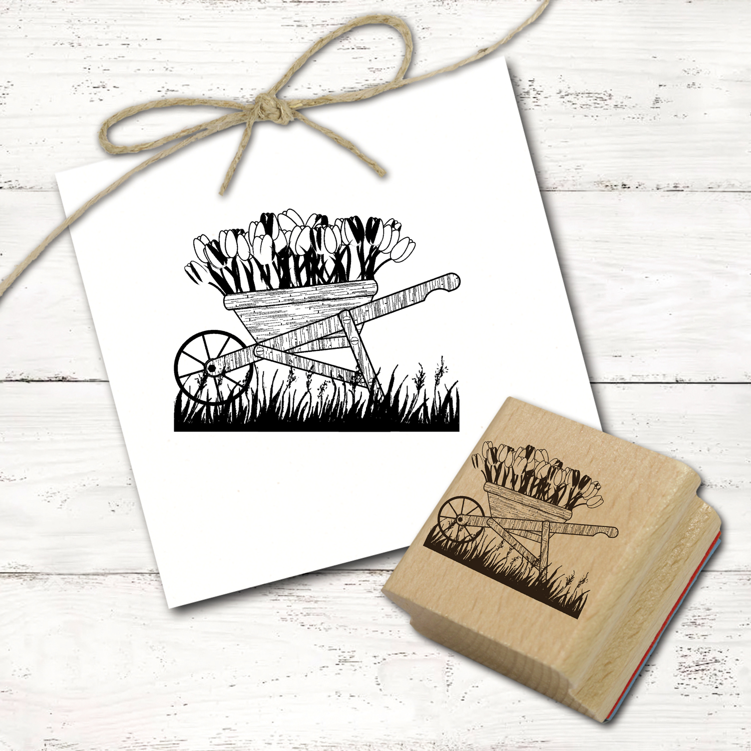 Motivstempel Schubkarre mit Tulpen Frühling - Stempel Holzstempel 48 x 38 mm  