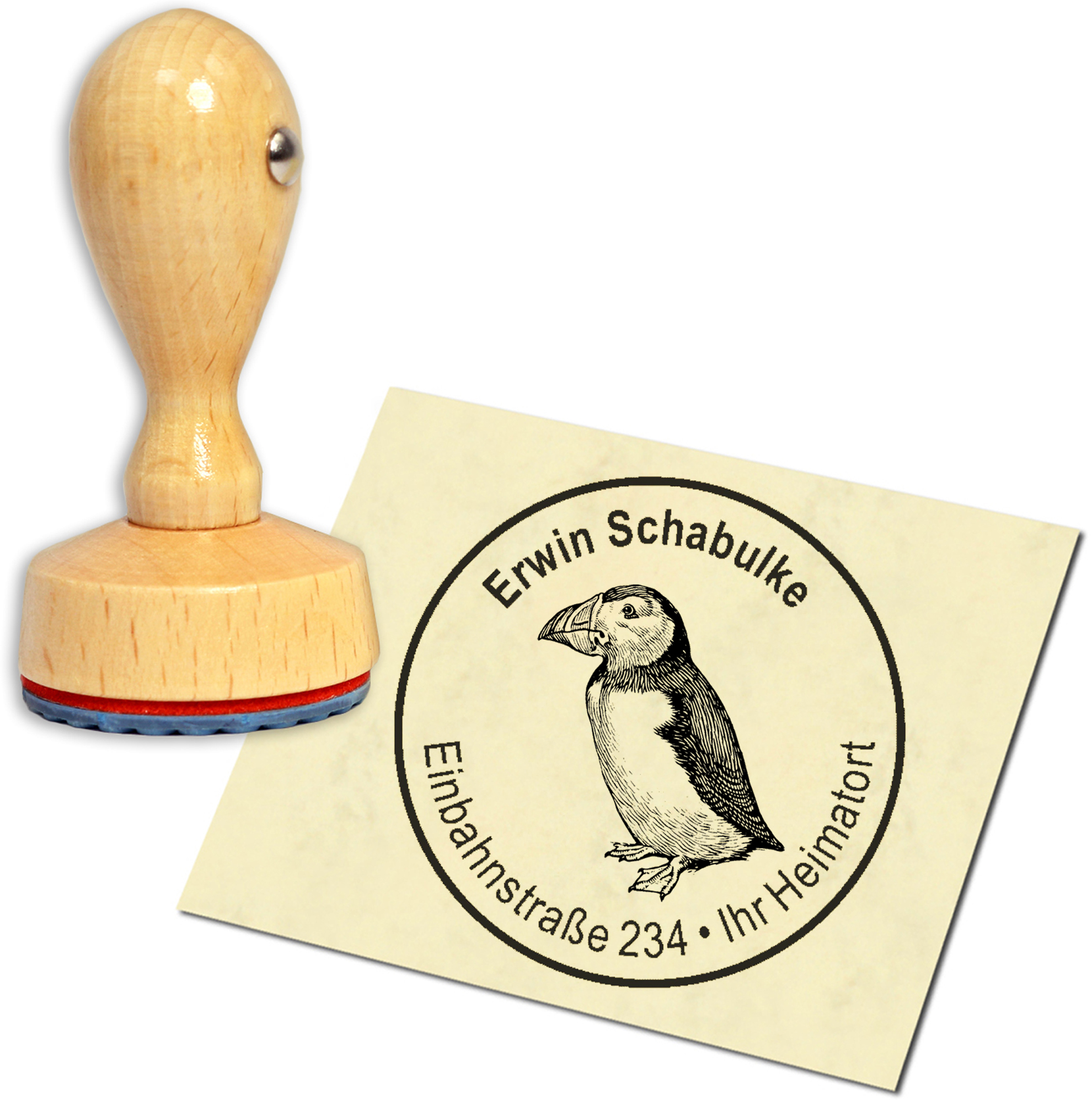 Stempel Adressstempel Holzstempel - Puffin Papageitaucher - rund 40mm