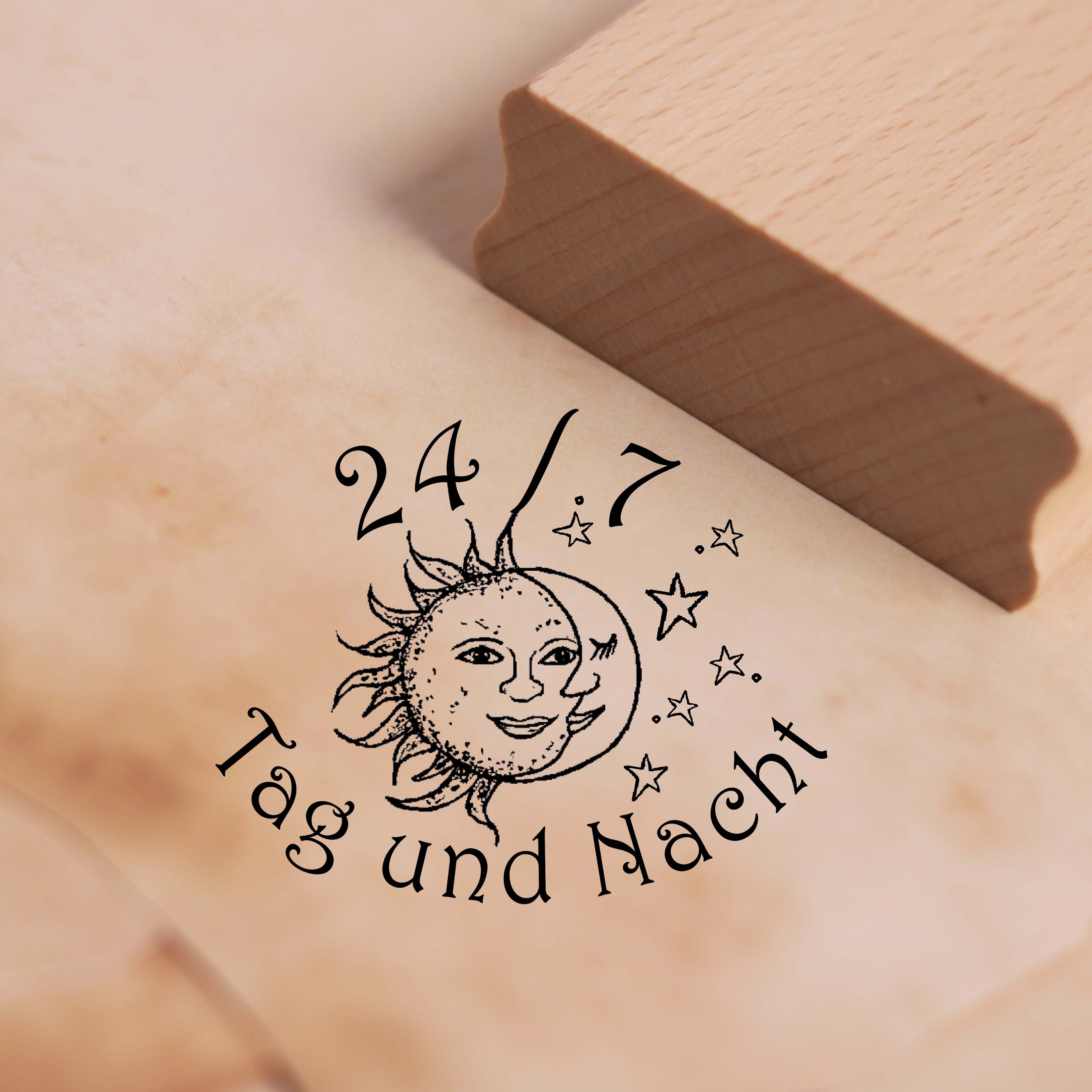 Motivstempel 24/7 Sonne Mond - Tag und Nacht - Stempel Holzstempel 48 x 38 mm