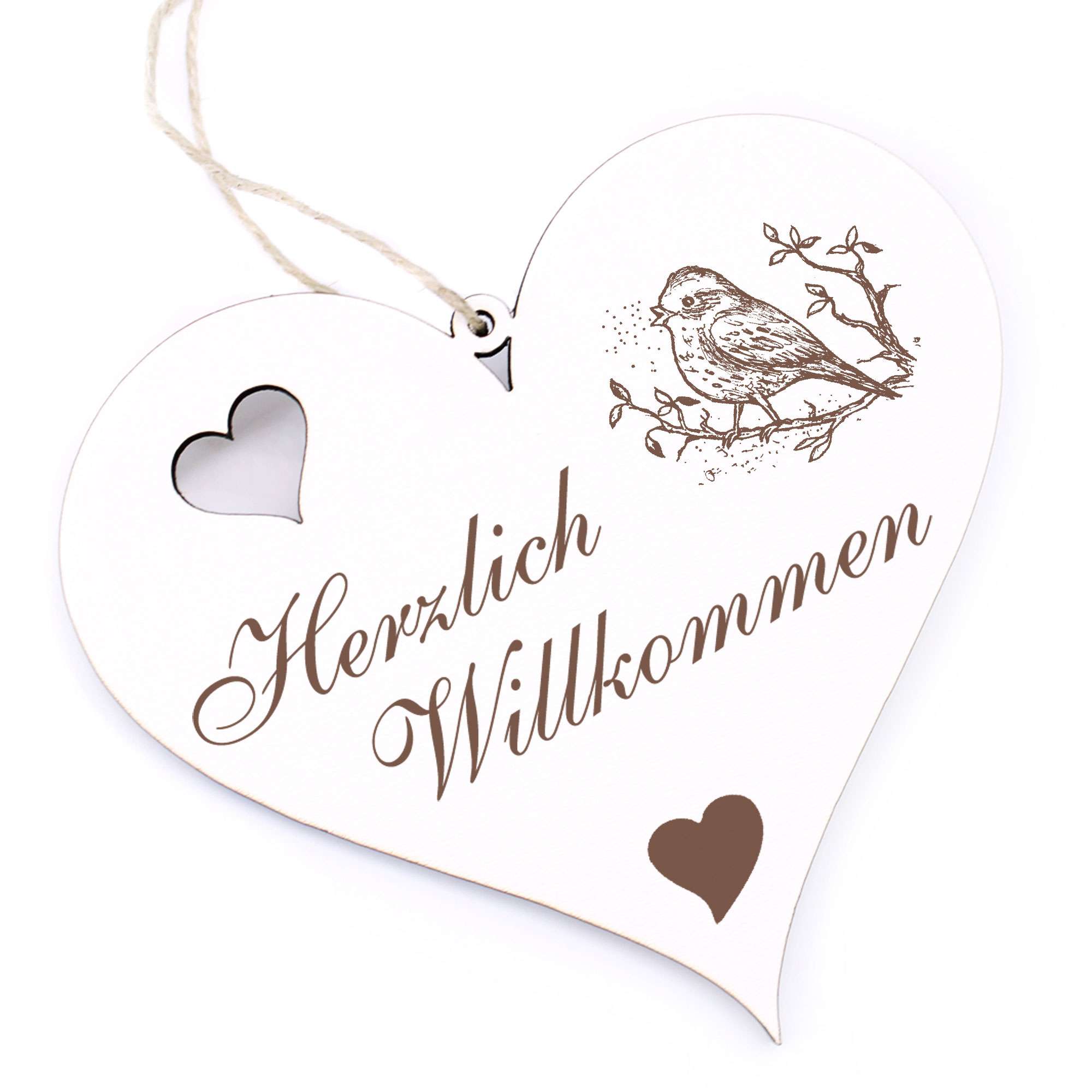 Herzlich Willkommen Schild - singender Vogel auf Zweig - Deko Herz Holz