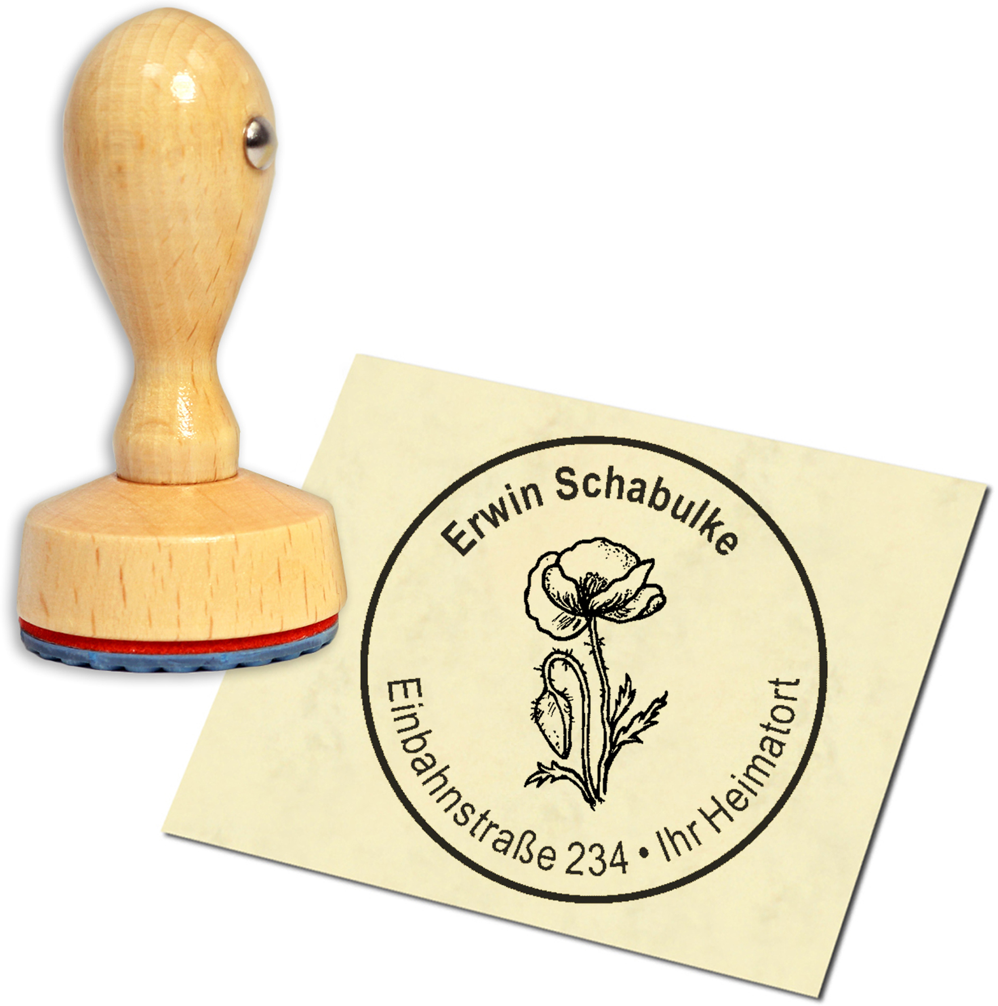 Stempel Adressstempel Holzstempel - Mohn - rund 40mm