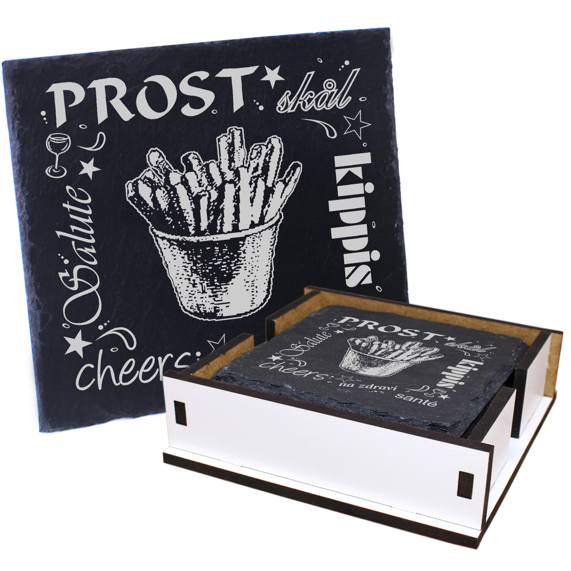 5 x Schiefer Untersetzer - Prost Pommes - inkl. Holzbox & Flaschenuntersetzer