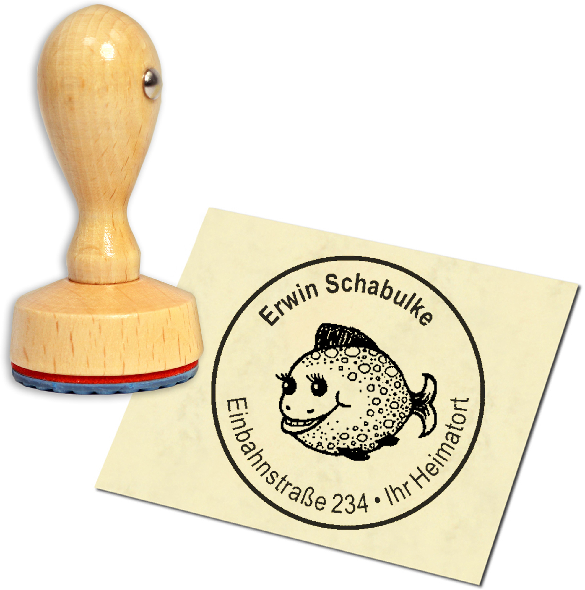 Stempel Adressstempel Holzstempel - niedlicher Kugelfisch - rund 40mm