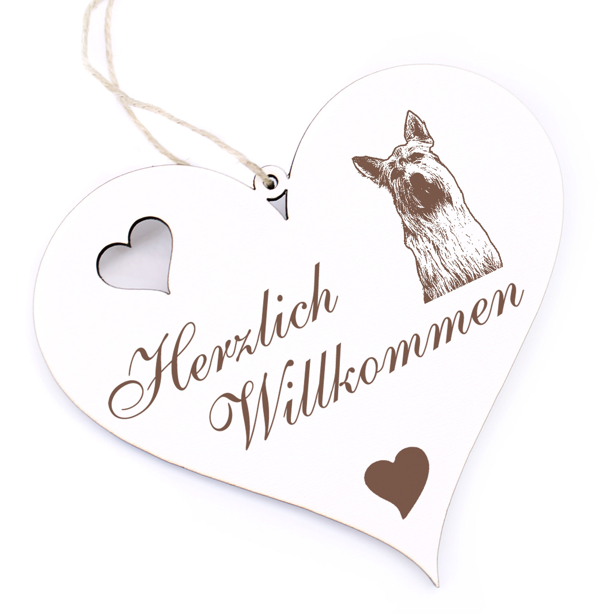 Herzlich Willkommen Schild - Berger de Picardie Sheperd - Deko Herz Holz