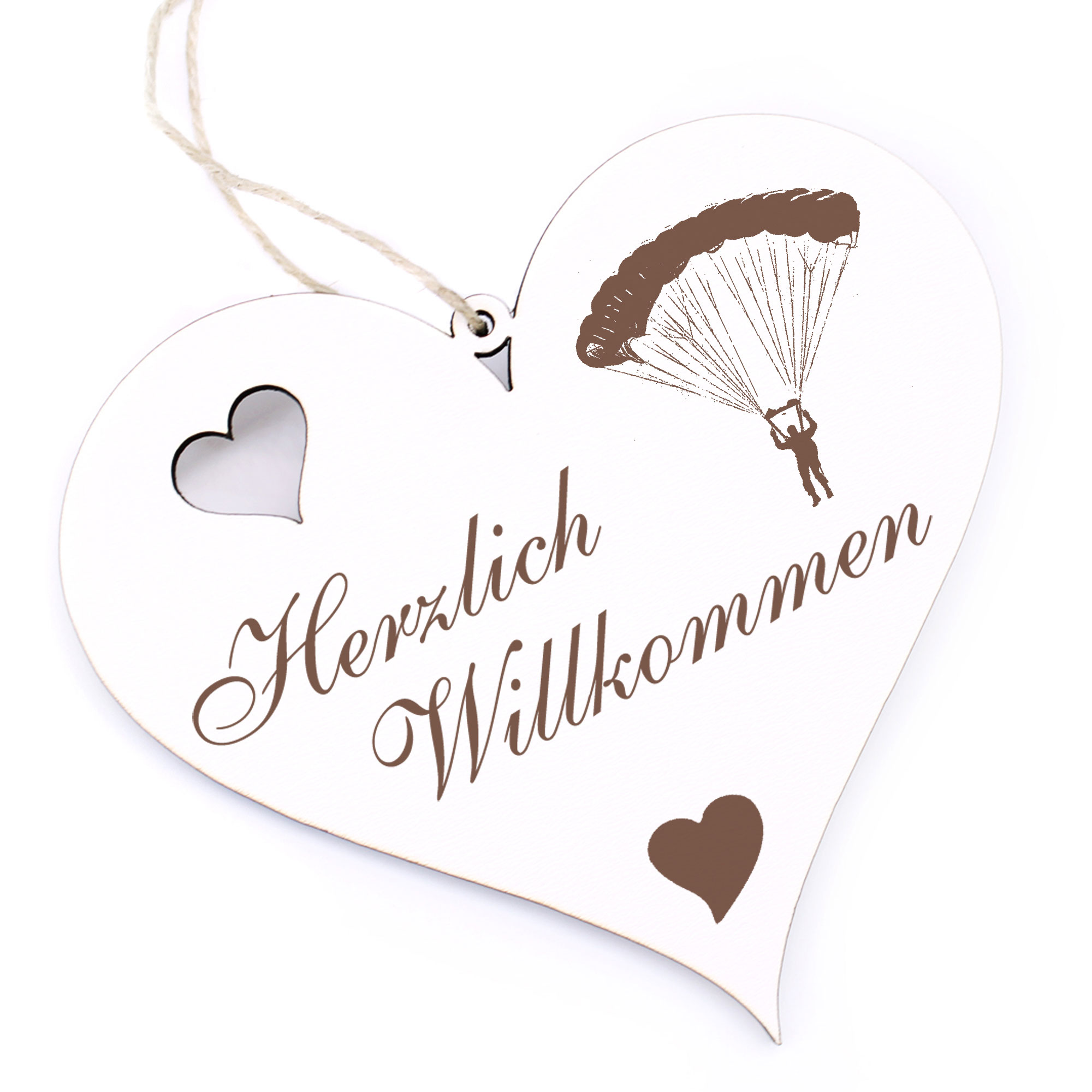 Herzlich Willkommen Schild - Fallschirm - Deko Herz Holz
