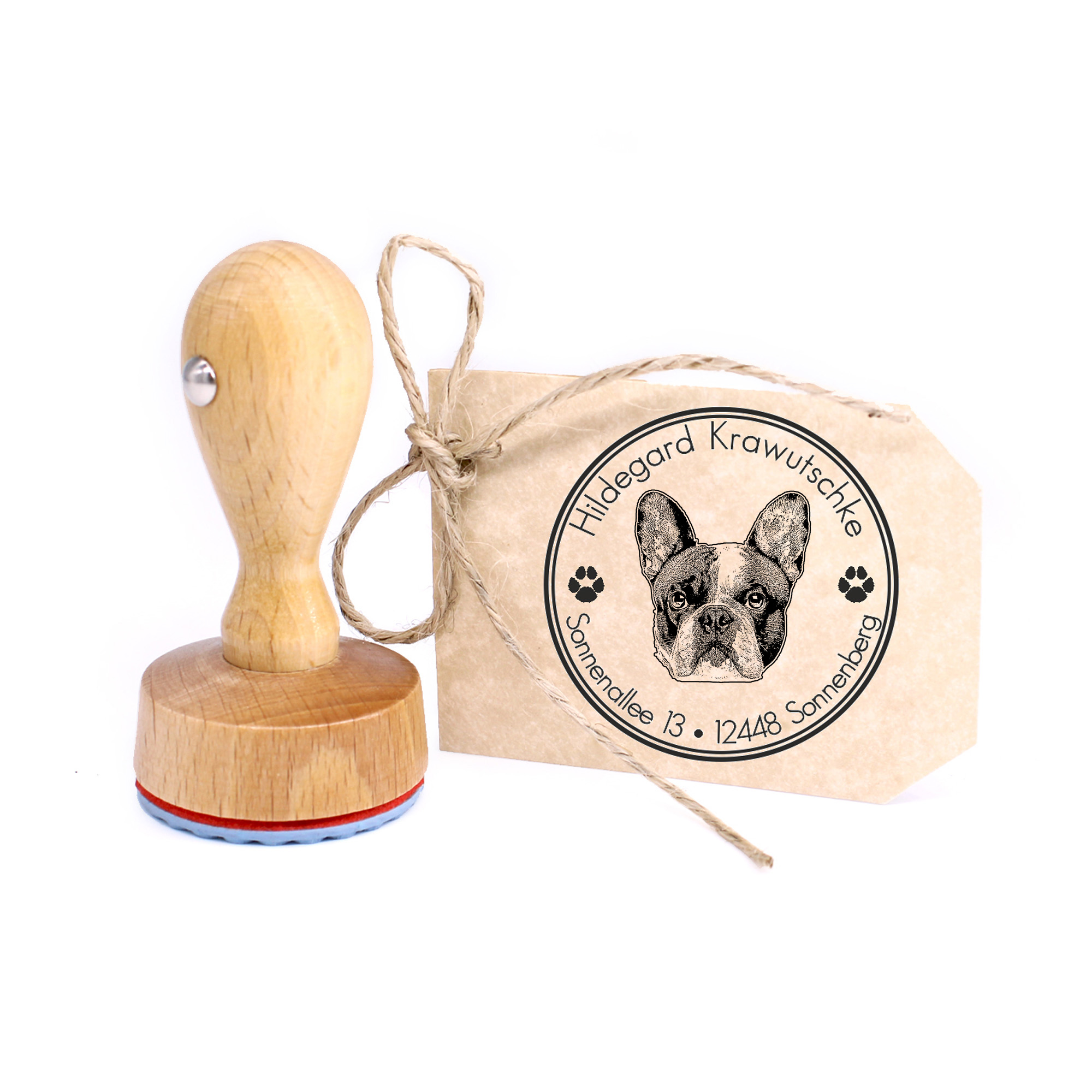 Stempel personalisiert Französische Bulldogge  Hund Hunde rund 40mm Adressstempel Holzstempel