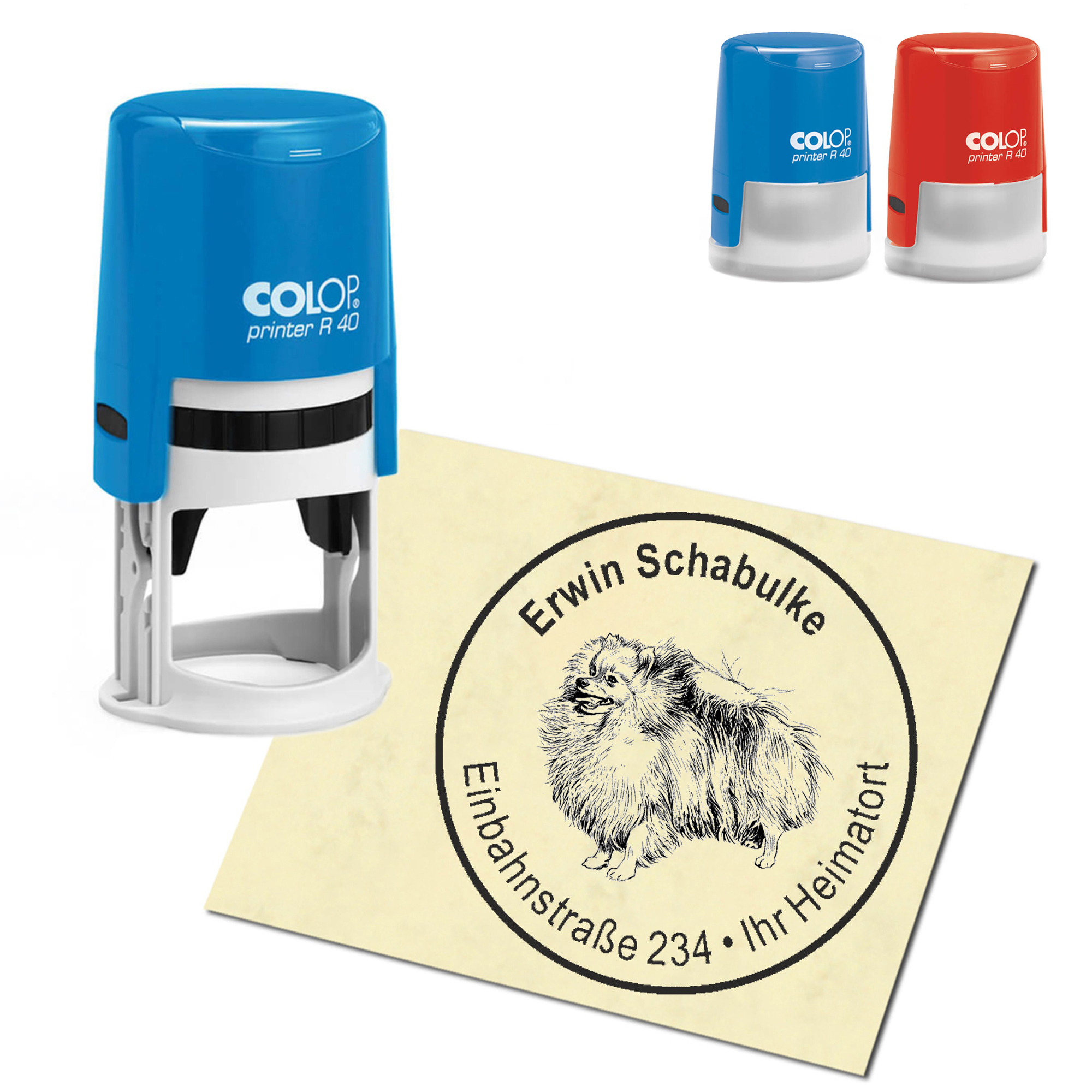 Stempel Adressstempel personalisiert - Pomeranian Zwergspitz - rund &empty; 40mm