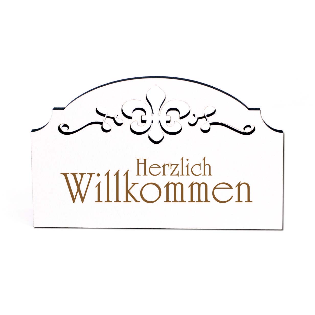 Herzlich Willkommen Schild Holz graviert Ornamente selbstklebend Türschild Eingangstür 15,5 x 9,5 cm