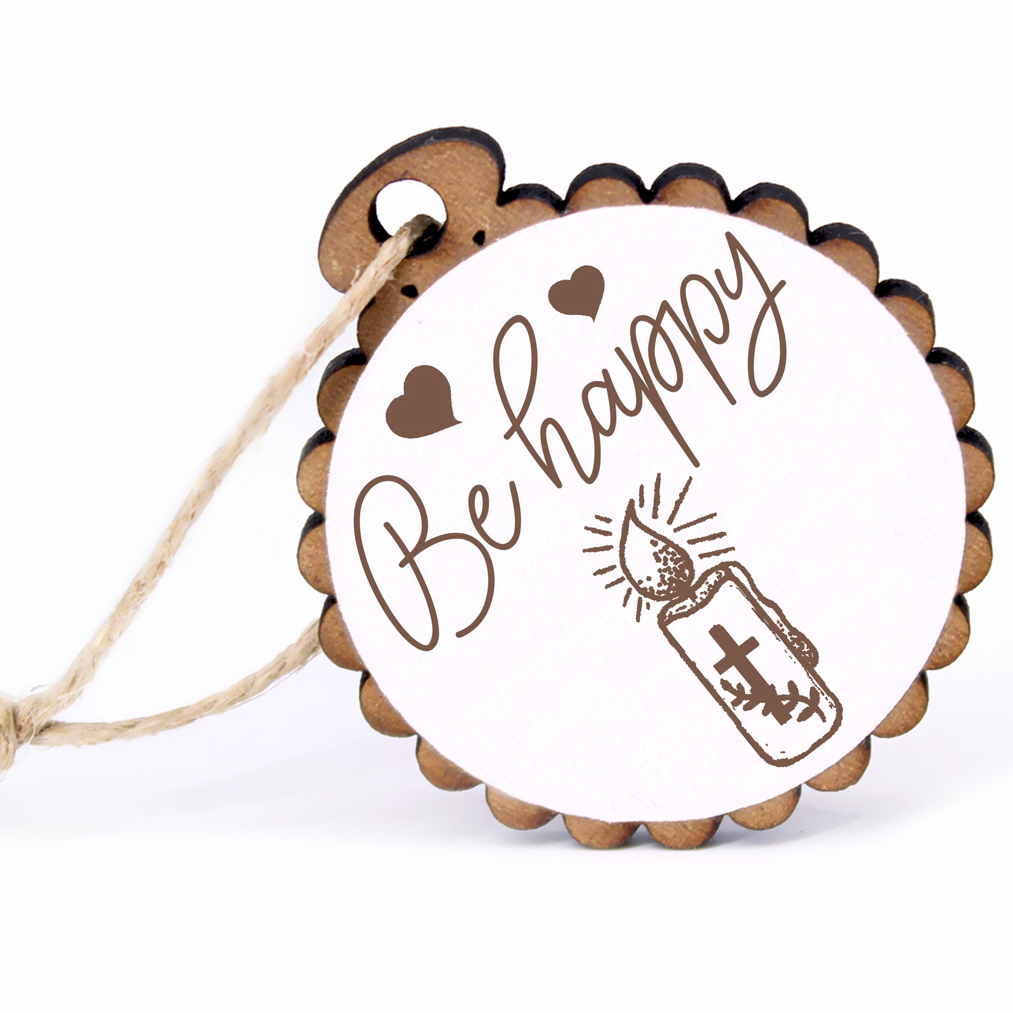Geschenkanhänger - Be Happy Kerze mit Kreutz -  Holz Ø-5cm - mit Juteband