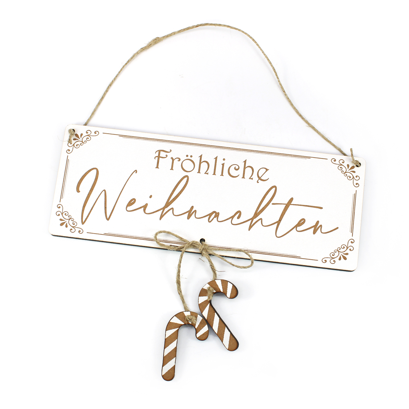 Schild Fröhliche Weihnachten - mit Zuckerstangen Anhängern - Weihnachtsschild Türschild  23 x 9 cm