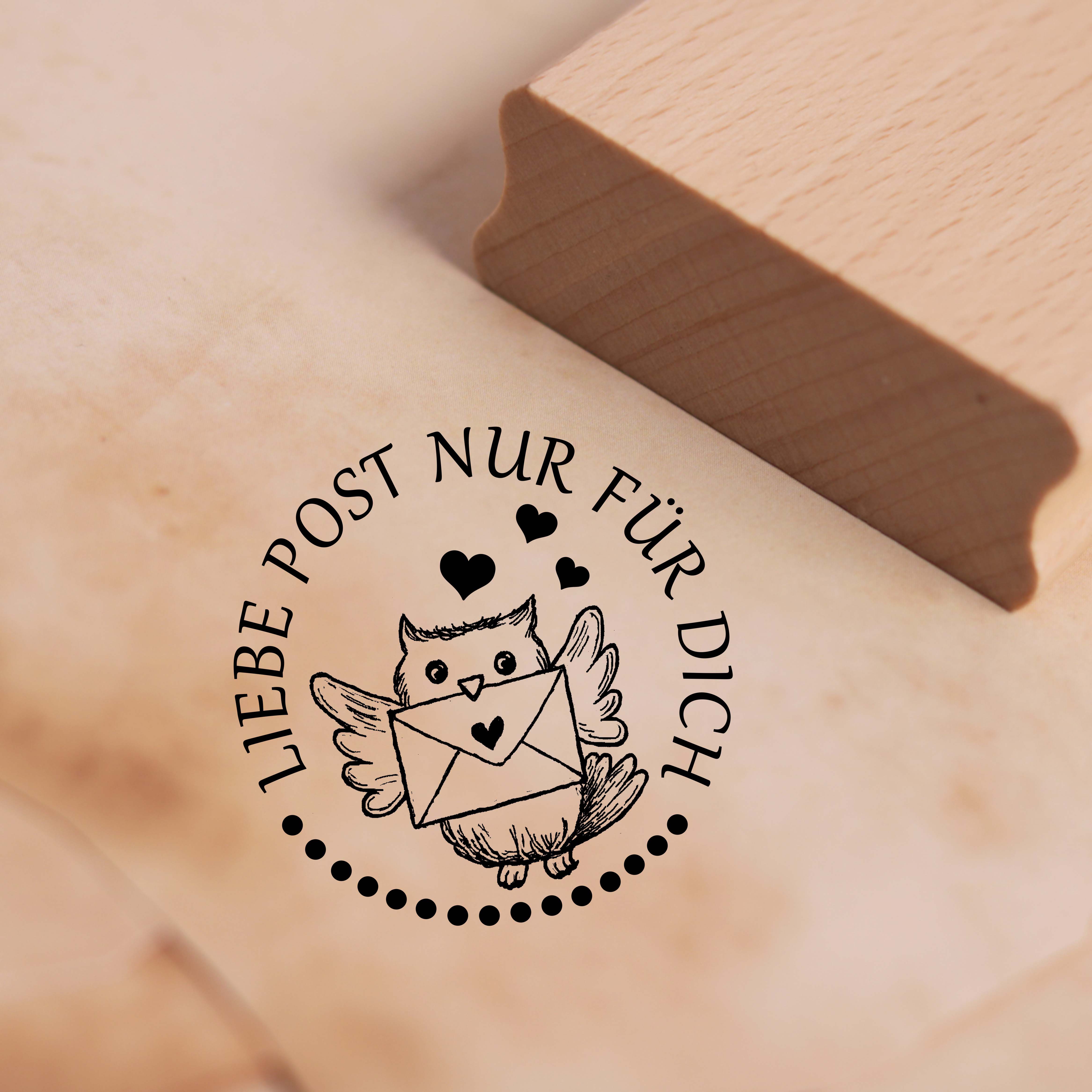 Motivstempel Liebe Post nur für dich Stempel Eule Herzen 38mm x 38mm