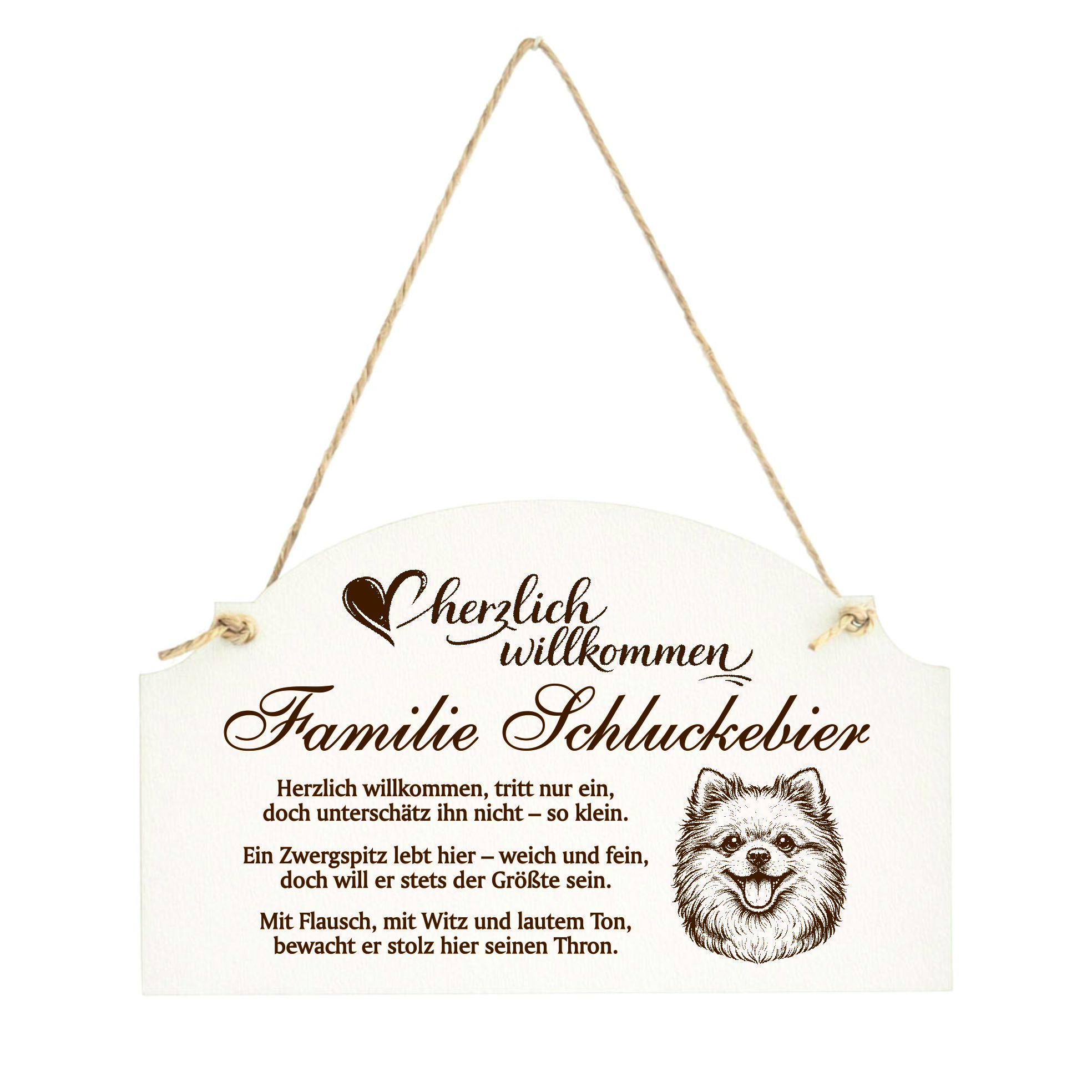 Willkommensschild Zwergspitz personalisiert - Haustürschild mit Hundespruch - 14 x 8,5 cm