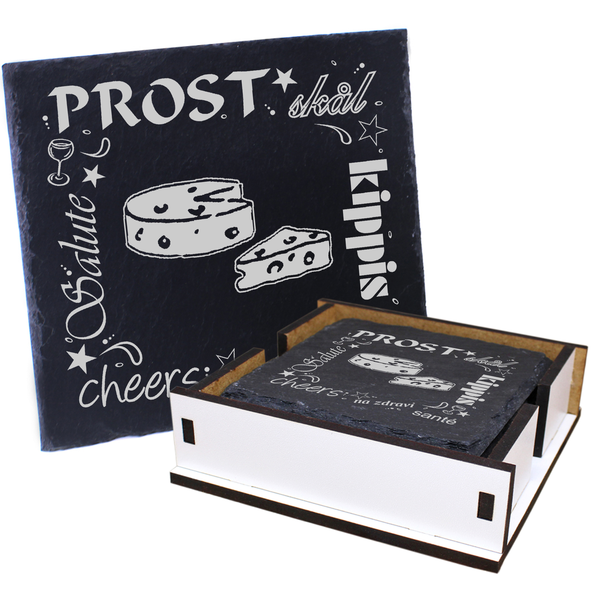 5 x Schiefer Untersetzer - Prost Käse - inkl. Holzbox & Flaschenuntersetzer