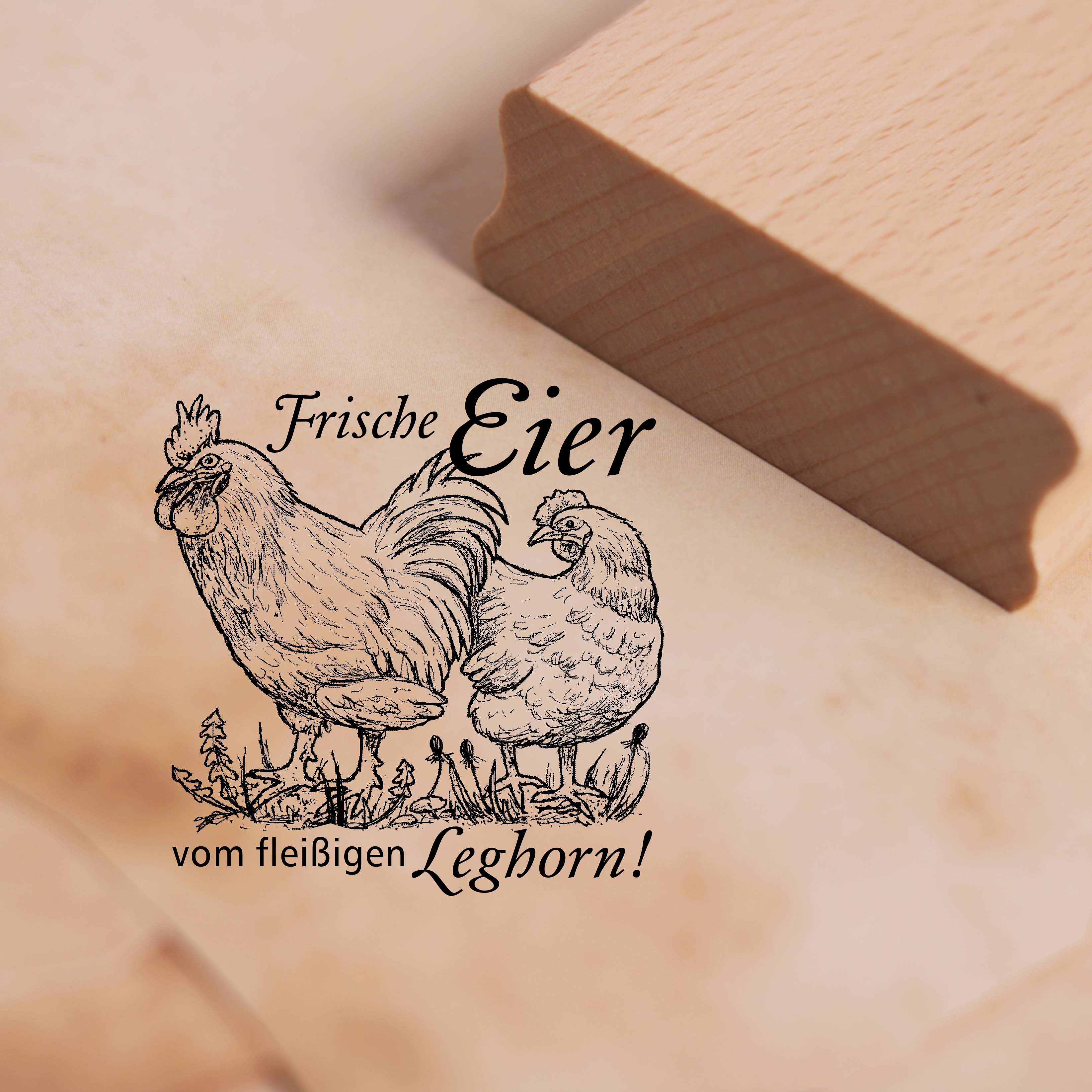 Motivstempel Frische Eier vom fleißigen Leghorn - Stempel Huhn Holzstempel 68 x 68 mm