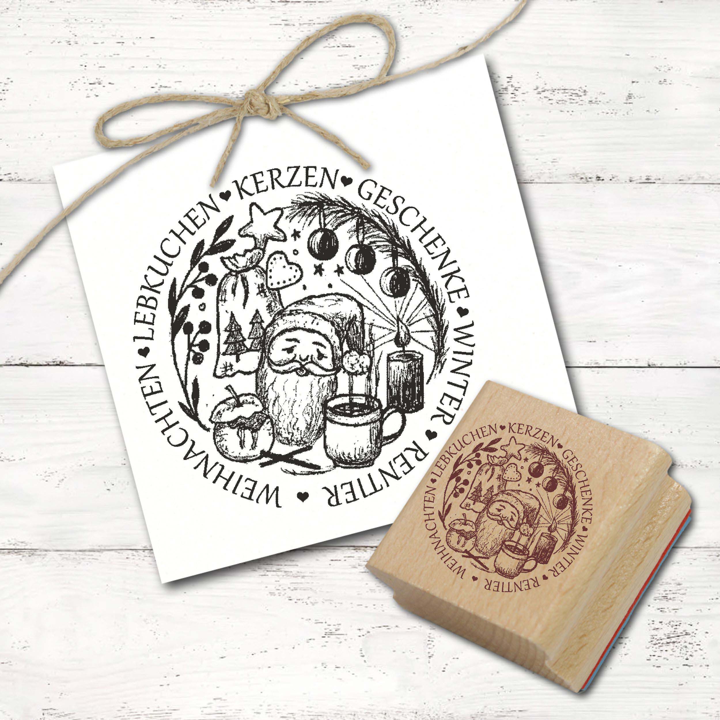 Motivstempel Weihnachten Lebkuchen Kerzen Winter Geschenke - Weihnachtsmann Stempel Holzstempel Ø 68 mm
