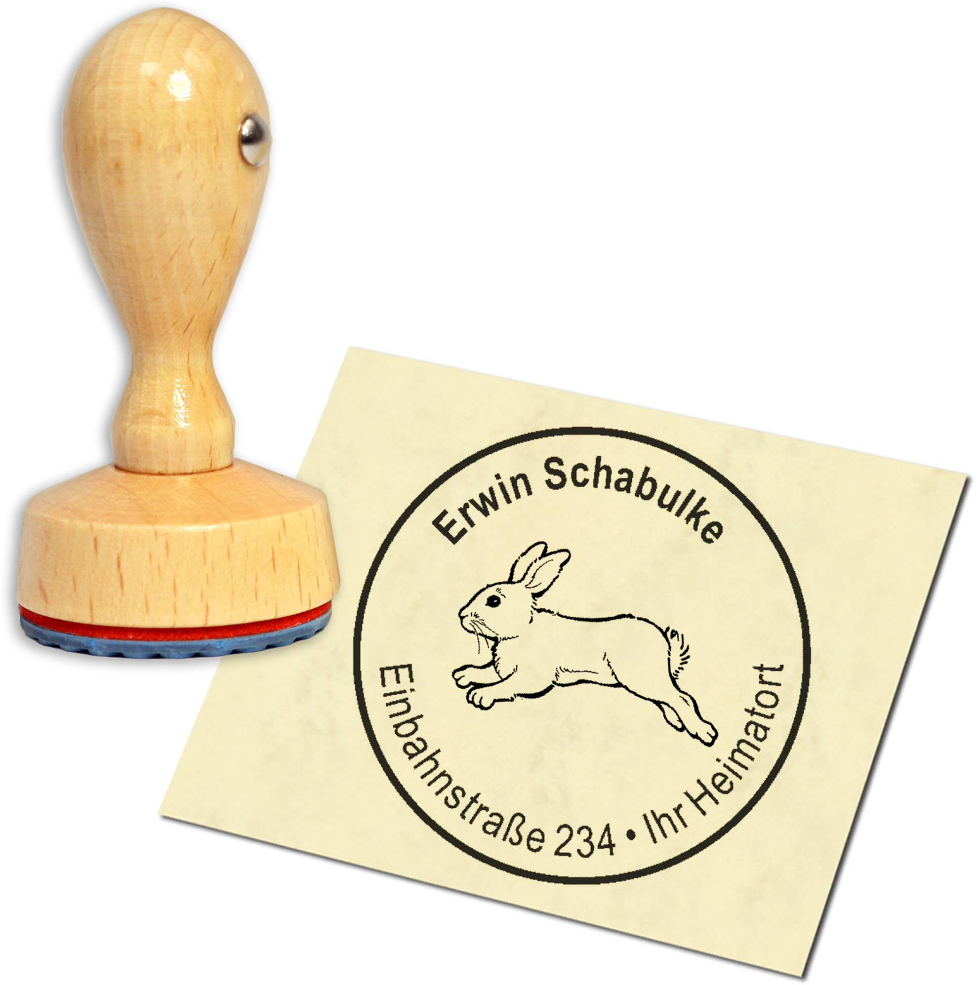 Stempel Adressstempel Holzstempel - springender Hase - rund 40mm