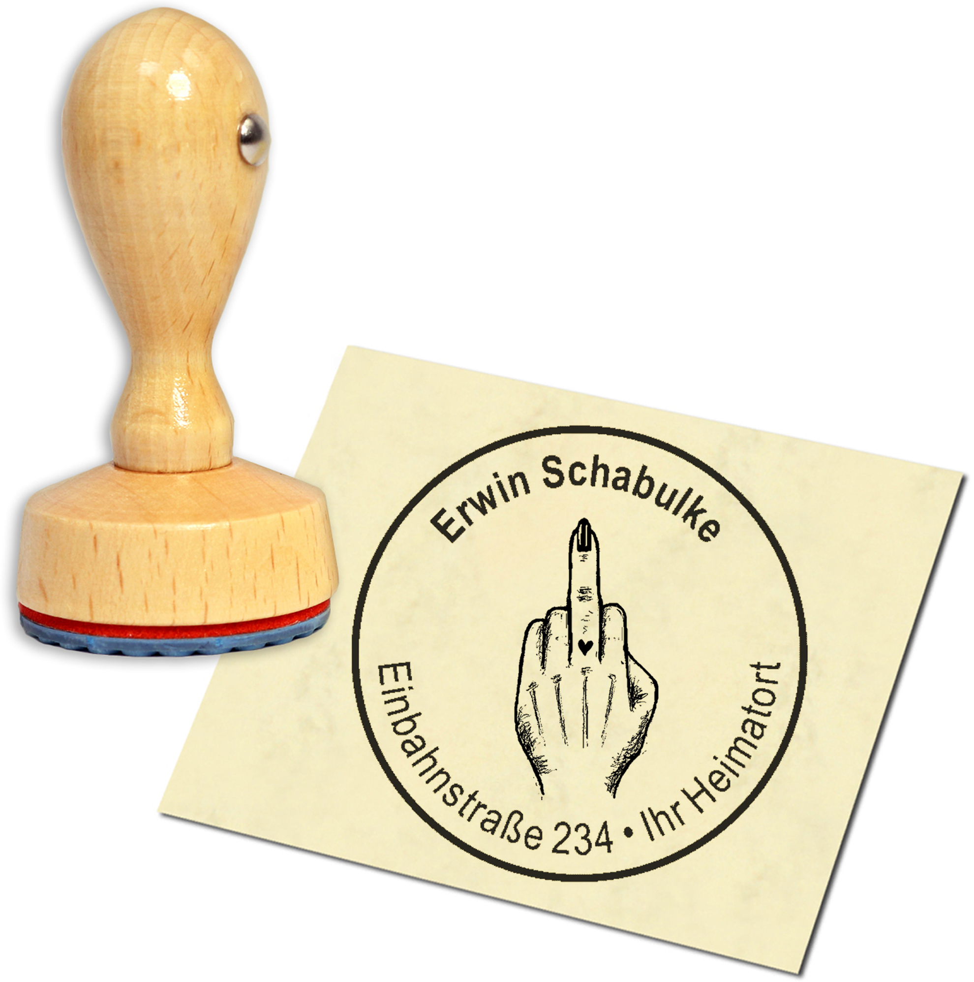 Stempel Adressstempel Holzstempel - Stinkefinger Frau - rund 40mm