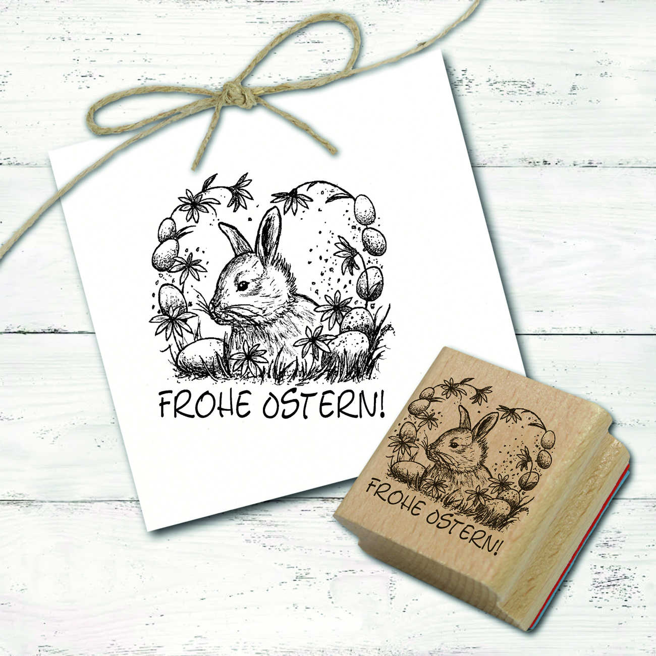 Motivstempel Frohe Ostern Osterhase mit Ostereier Umrandung - Stempel Holzstempel 48 x 48 mm