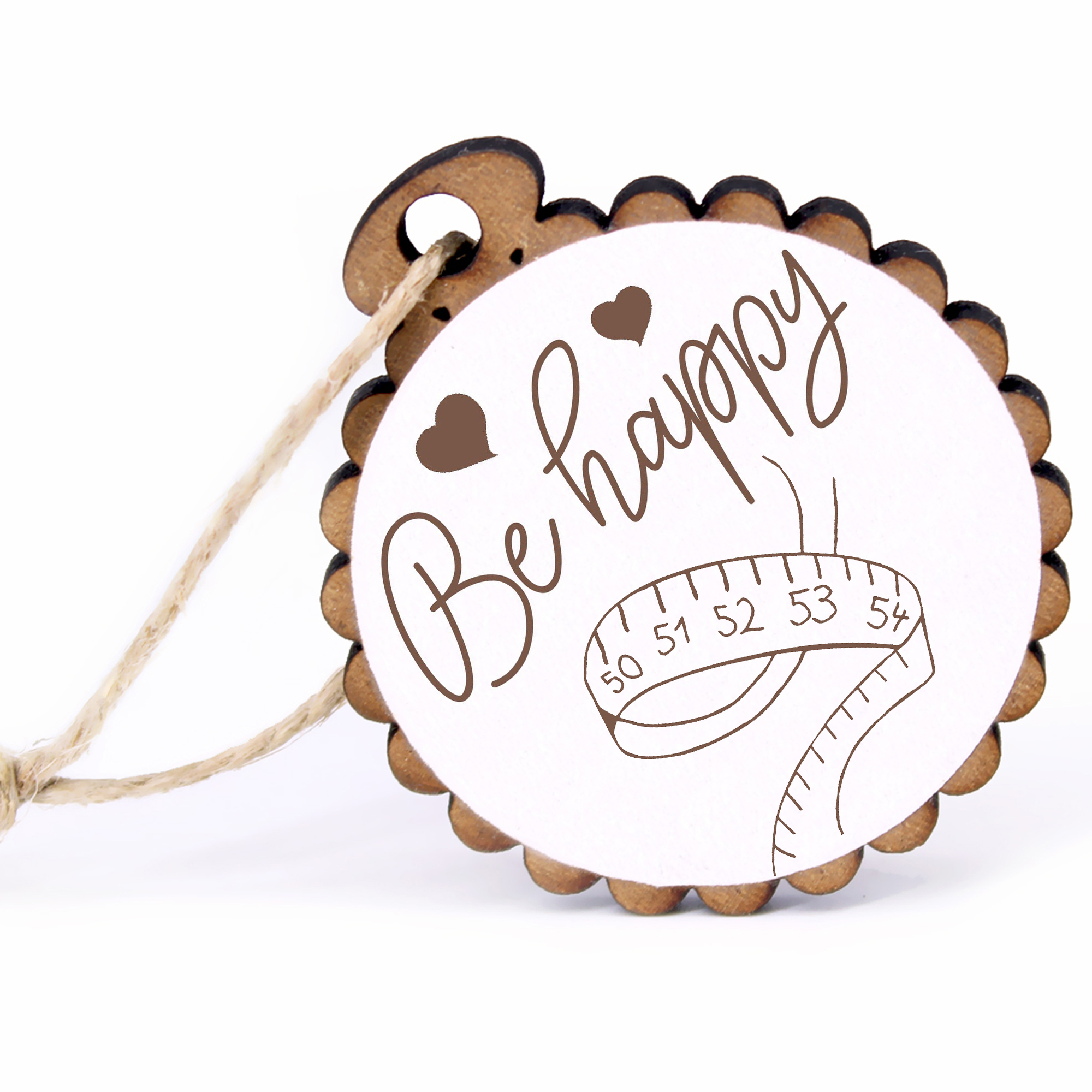 Geschenkanhänger - Be Happy Maßband -  Holz Ø-5cm - mit Juteband