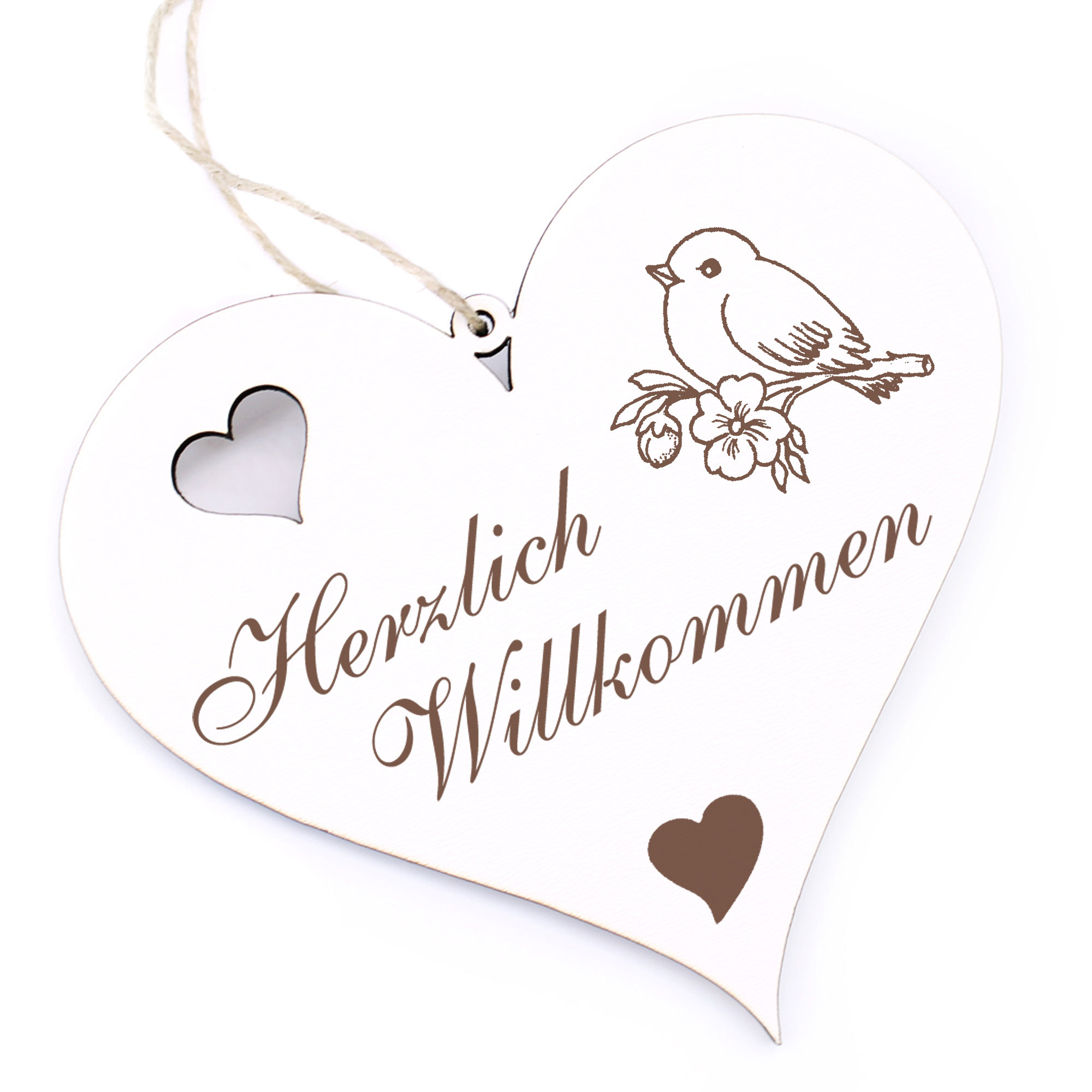 Herzlich Willkommen Schild - Kleiner Vogel - Deko Herz Holz