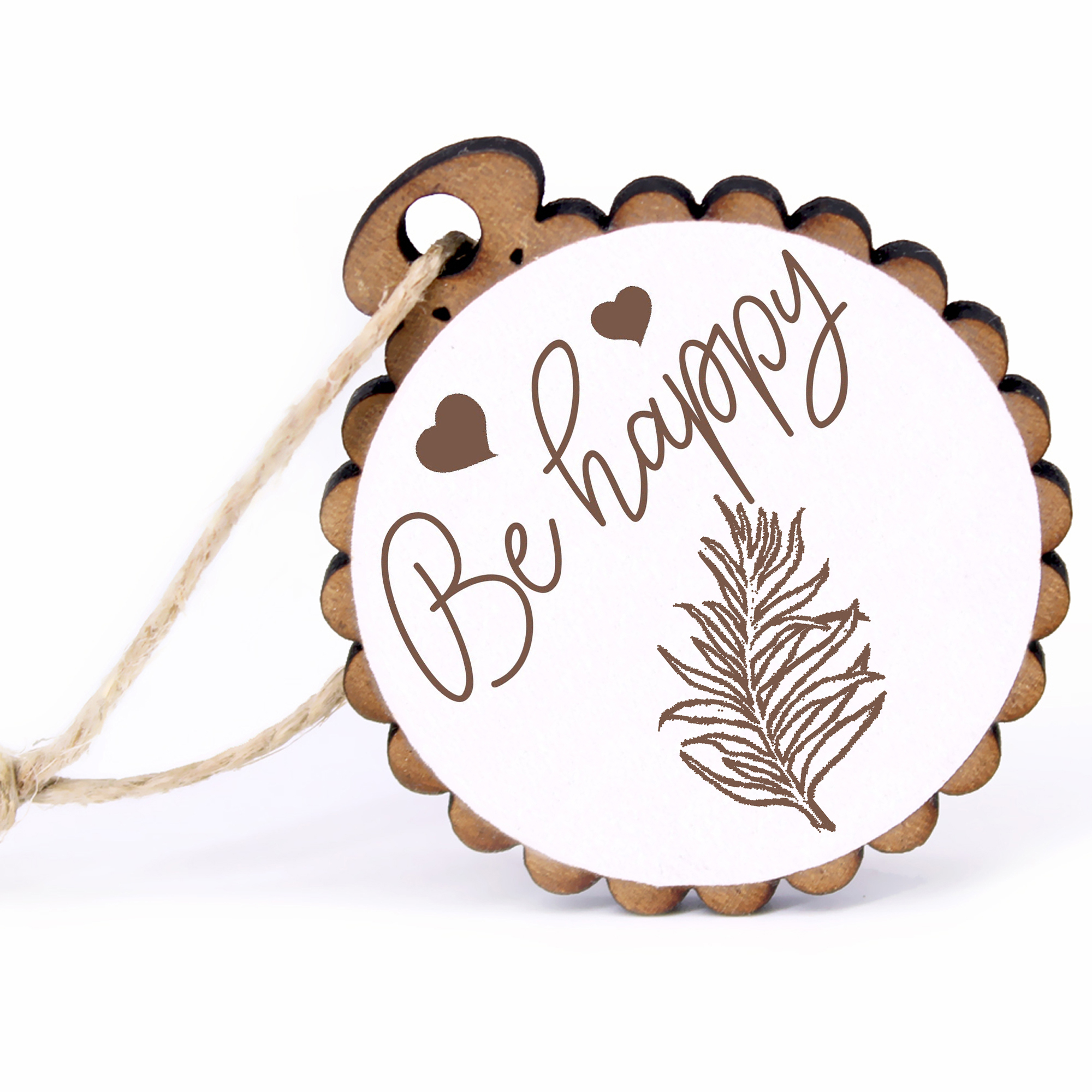 Geschenkanhänger - Be Happy Palmblatt -  Holz Ø-5cm - mit Juteband