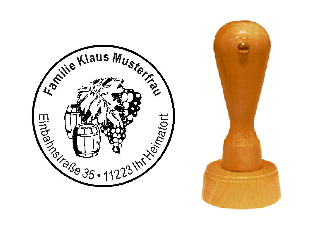 « Weinrebe und Fass » Holzstempel mit persönlichem Wunschtext