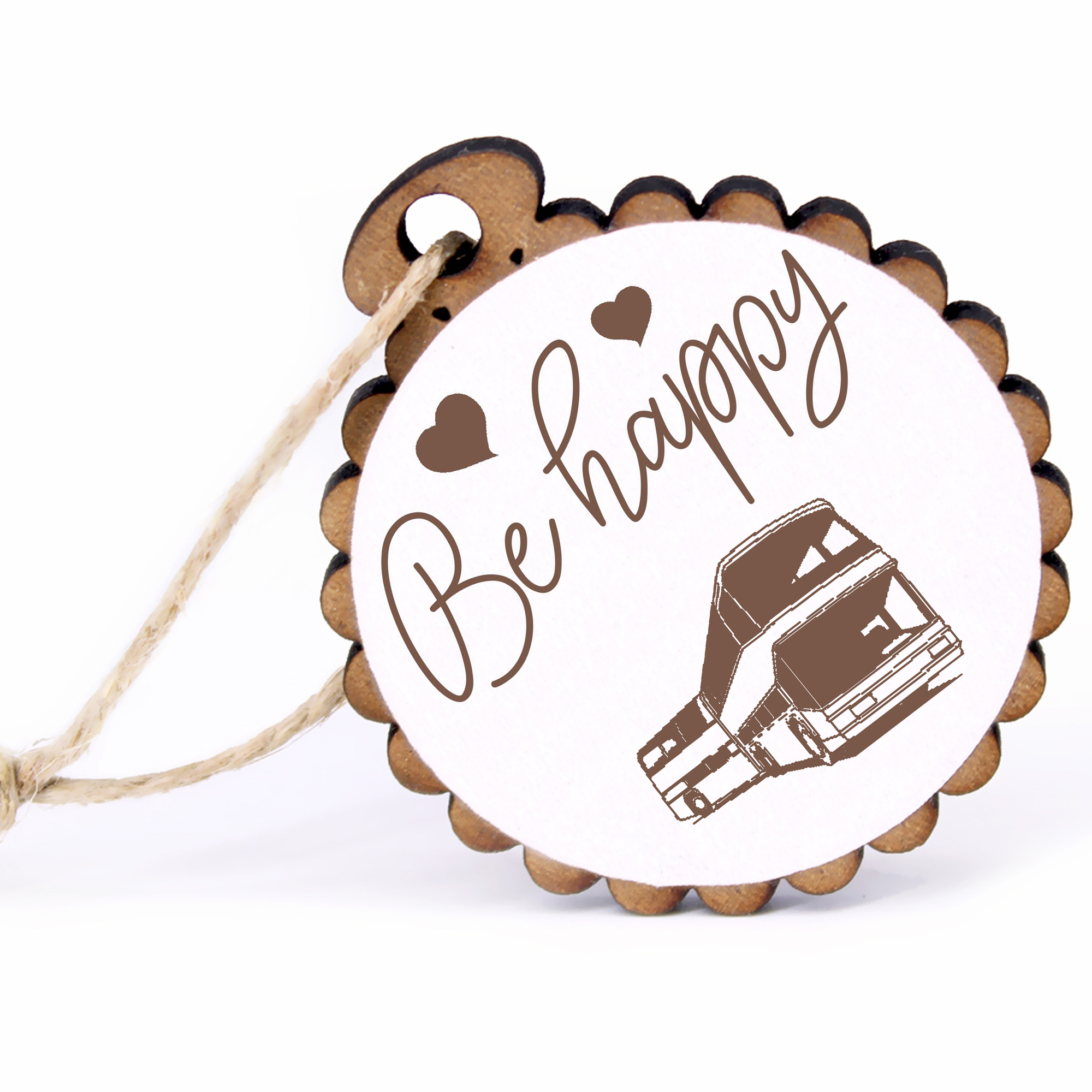 Geschenkanhänger - Be Happy Schlenkibus -  Holz Ø-5cm - mit Juteband