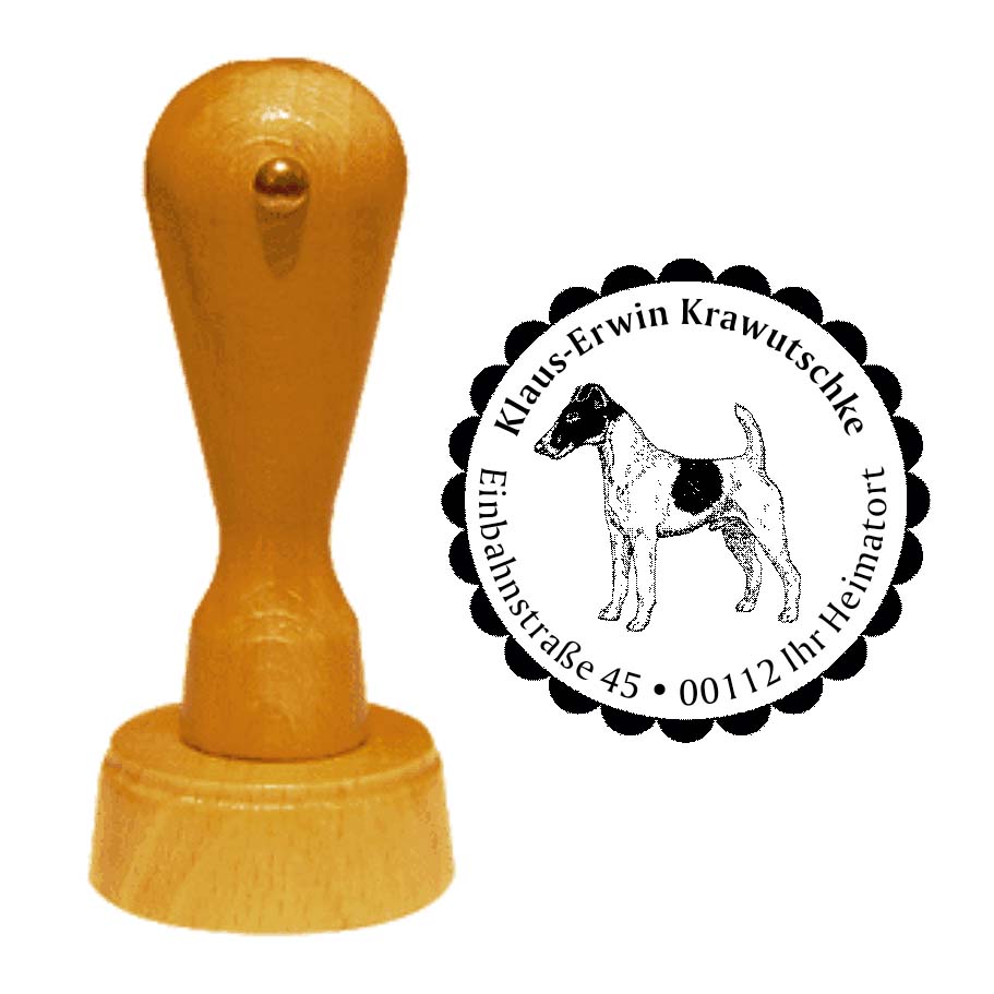 Adressstempel Foxterrier -  Holzstempel personalisiert mit Adresse - Ø 40 mm