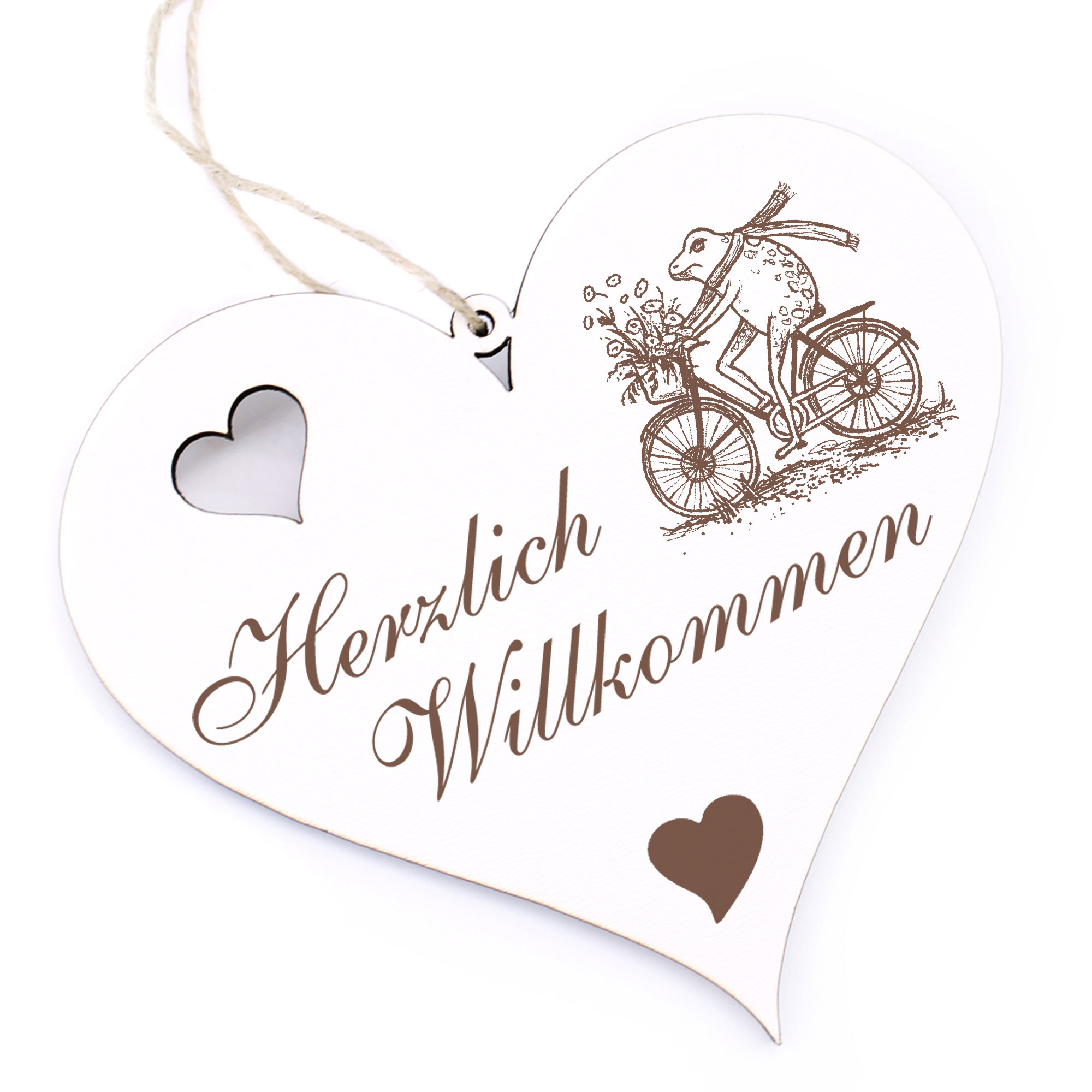 Herzlich Willkommen Schild - Frosch auf Fahrrad - Deko Herz Holz