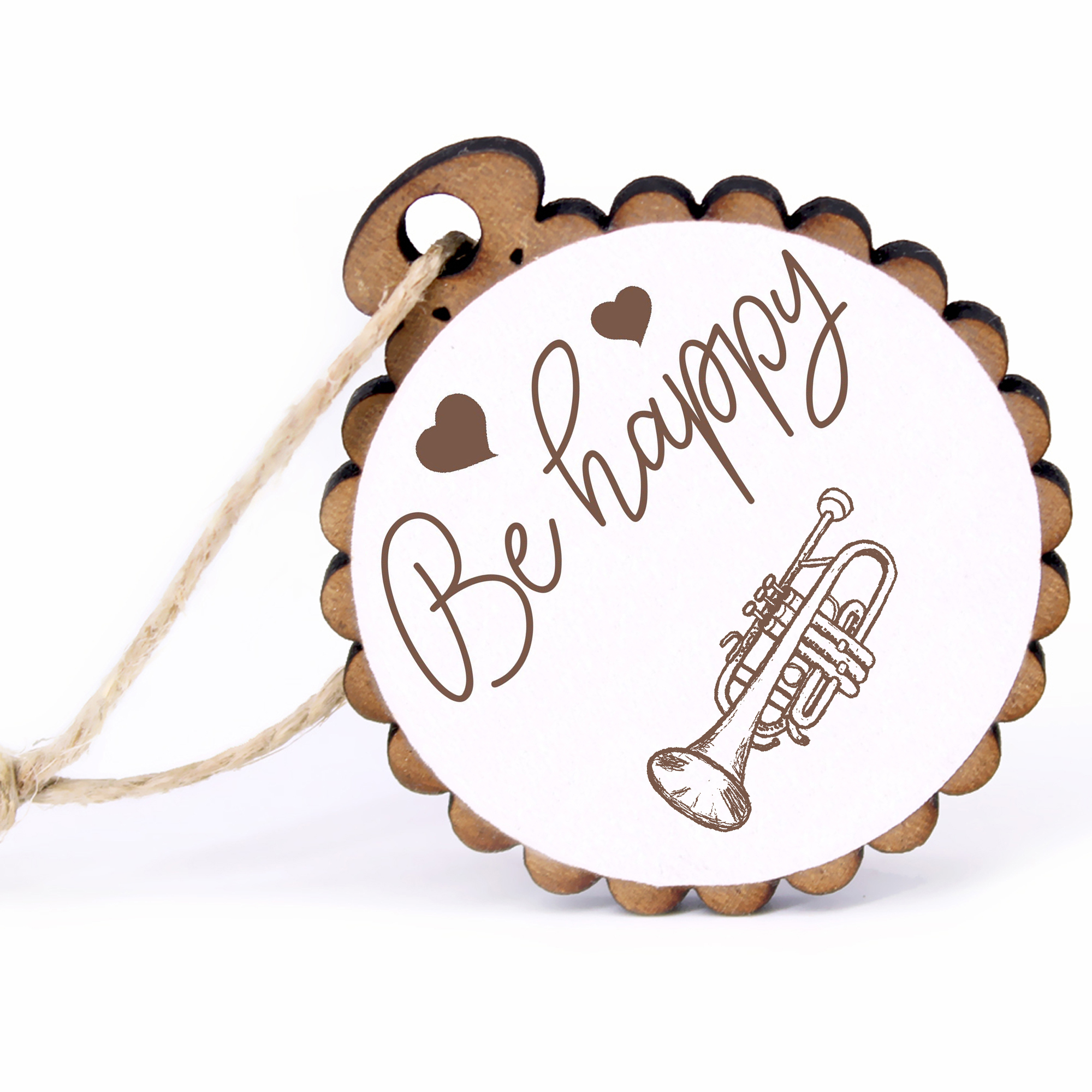 Geschenkanhänger - Be Happy Trompete -  Holz Ø-5cm - mit Juteband