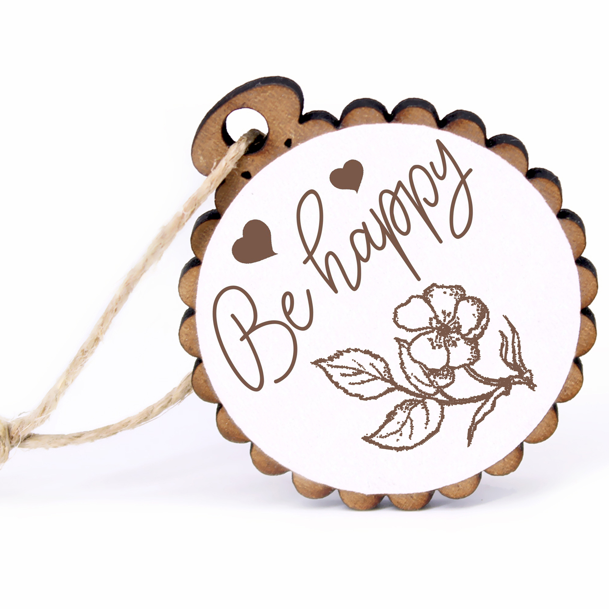 Geschenkanhänger - Be Happy Heckenrose -  Holz Ø-5cm - mit Juteband