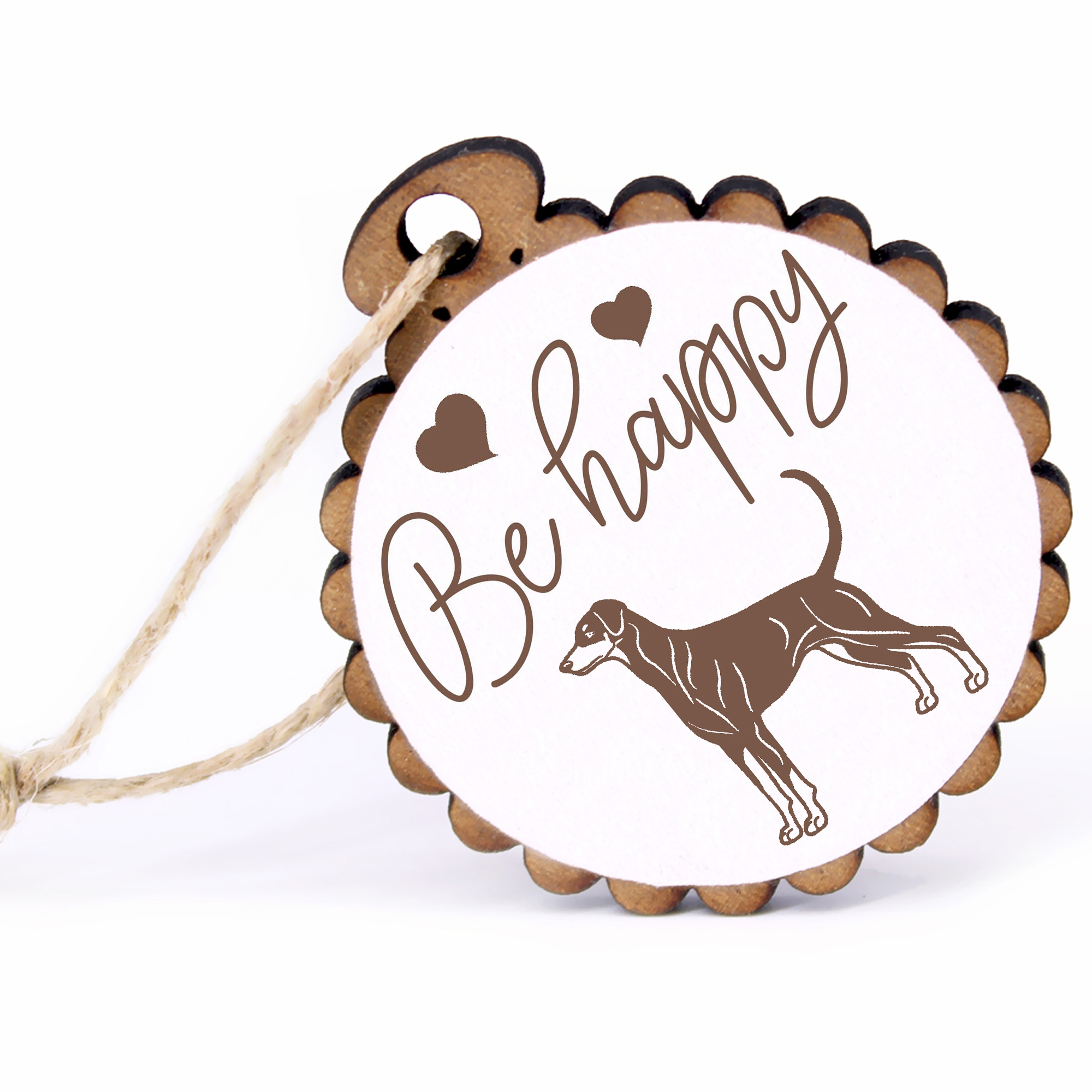 Geschenkanhänger - Be Happy Dobermann -  Holz Ø-5cm - mit Juteband