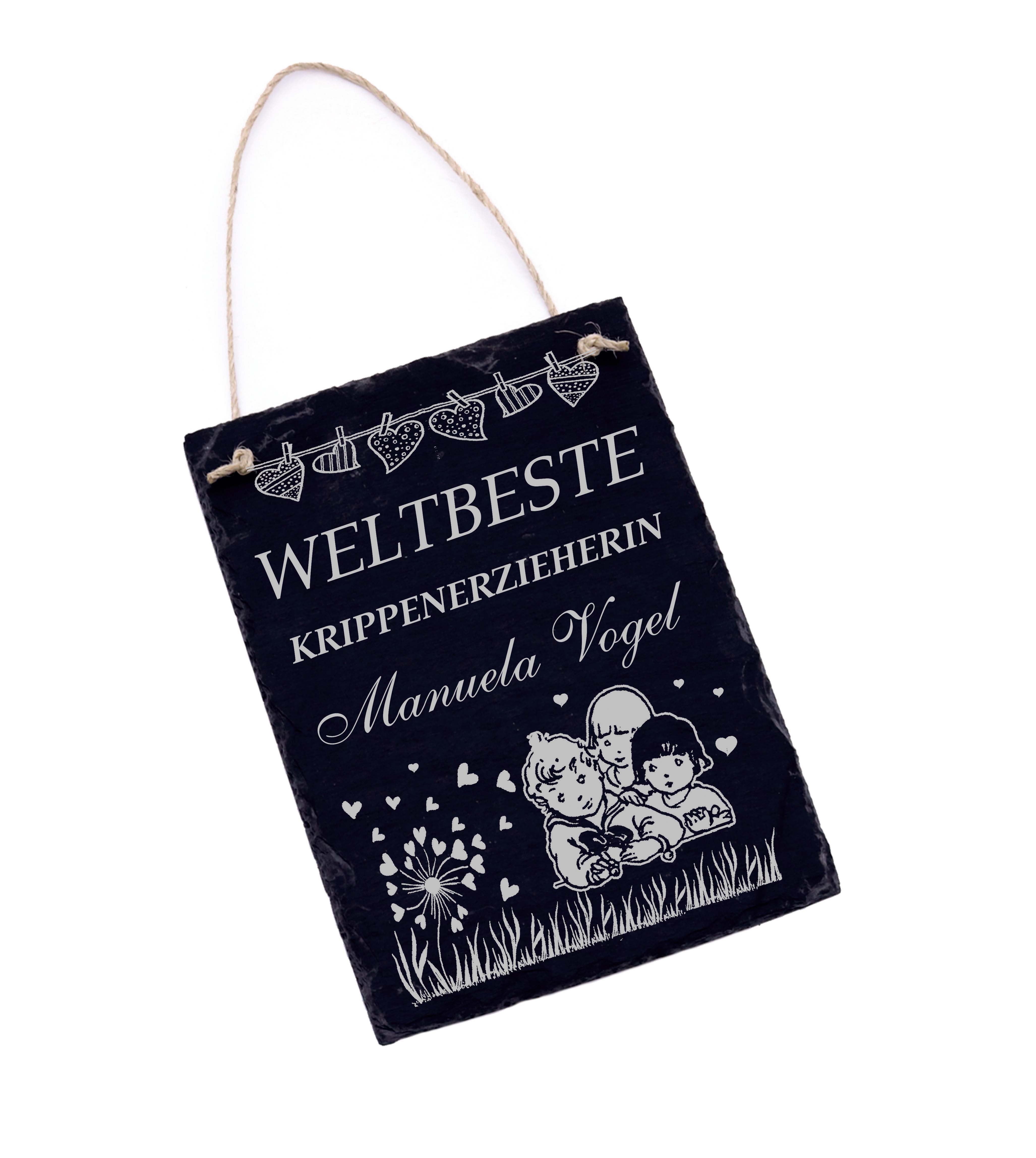 Weltbeste Krippenerzieherin Schild Schiefer graviert mit Wunschnamen Türschild Dankeschön 16 x 22 cm