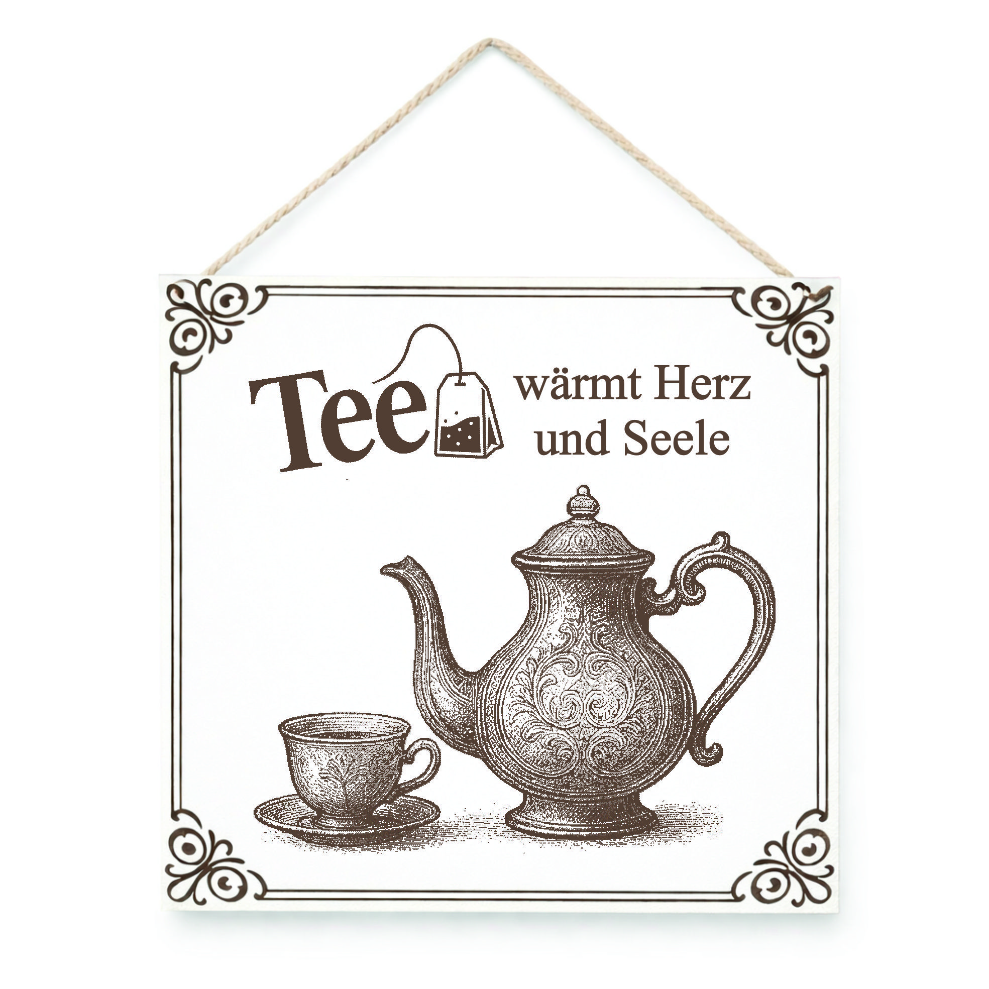 Vintage Tee Schild „Tee wärmt Herz und Seele“ | Shabby Chic Küchendeko | Geschenk für Teeliebhaber | Landhaus Deko | 15x15 cm Holzschild