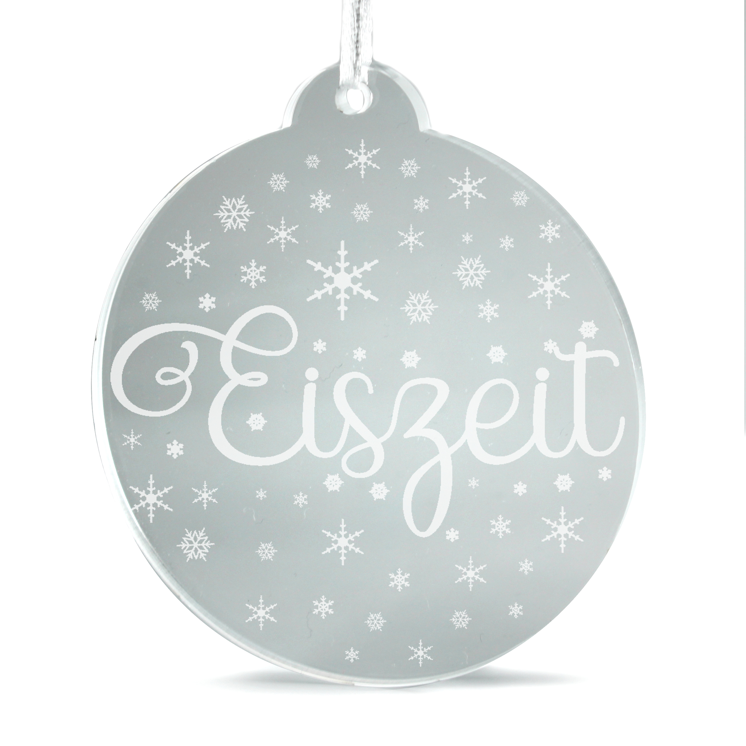 Christbaumanhänger Eiszeit aus Acryl – transparente Weihnachtsanhänger mit weißer Gravur