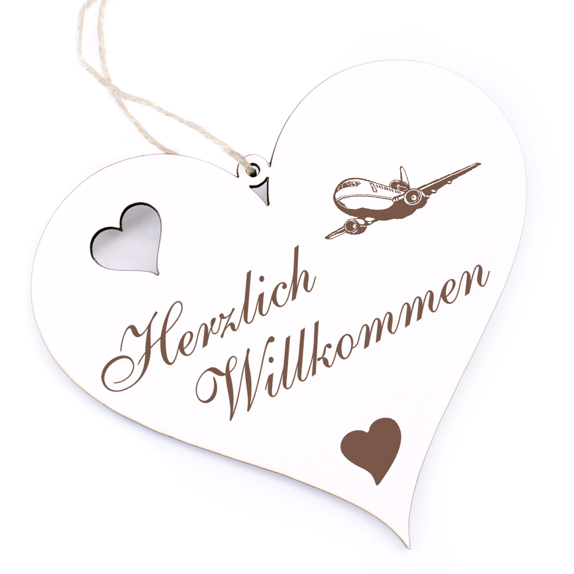 Herzlich Willkommen Schild - Flugzeug - Deko Herz Holz