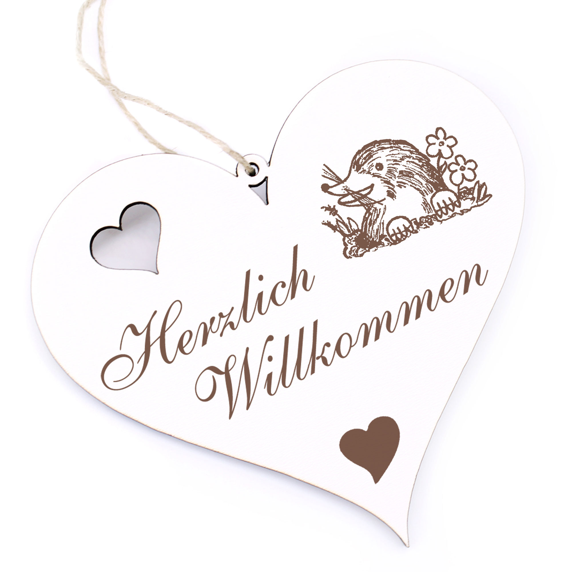 Herzlich Willkommen Schild - niedlicher Maulwurf - Deko Herz Holz