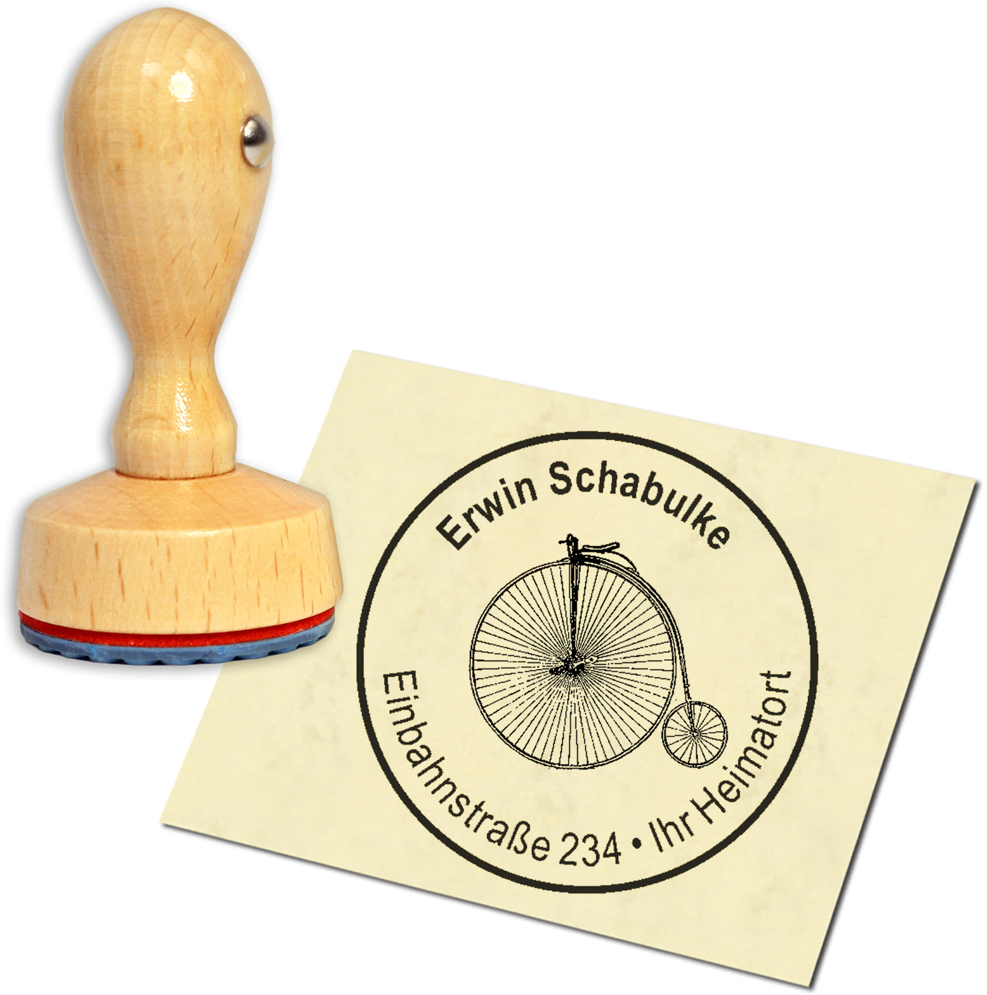 Stempel Adressstempel Holzstempel - altes Hochrad - rund 40mm