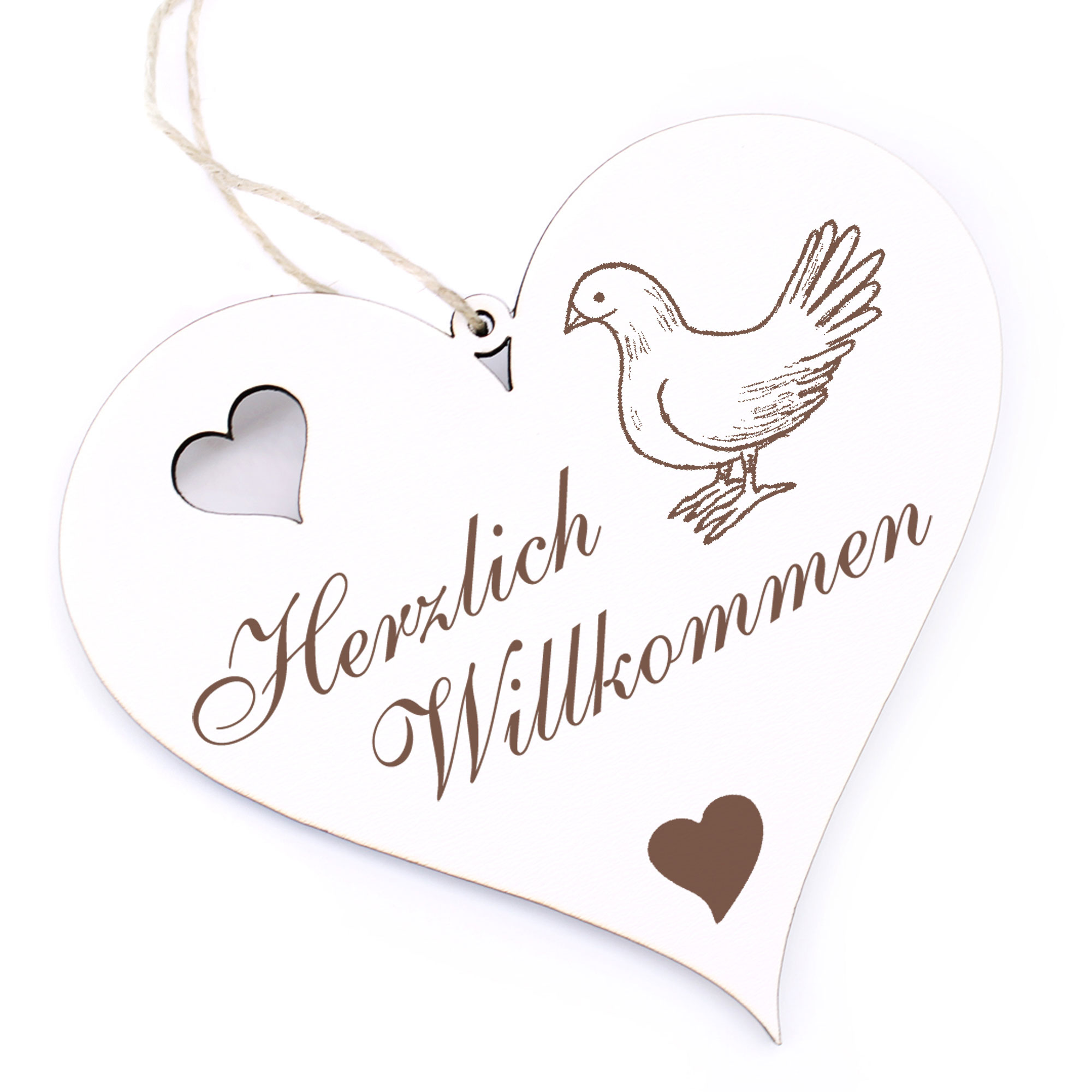 Herzlich Willkommen Schild - sitzende Taube - Deko Herz Holz