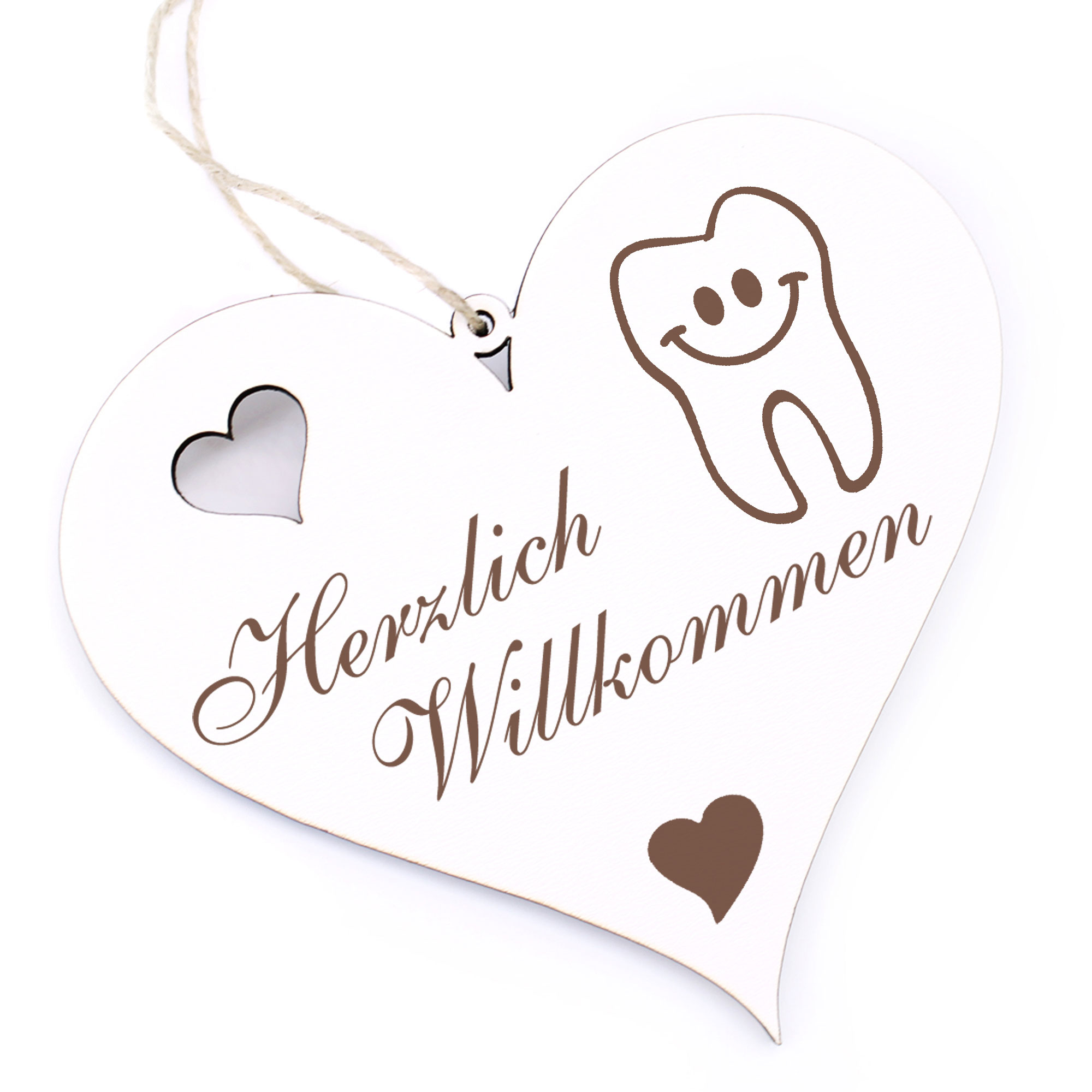 Herzlich Willkommen Schild - lachender Zahn - Deko Herz Holz