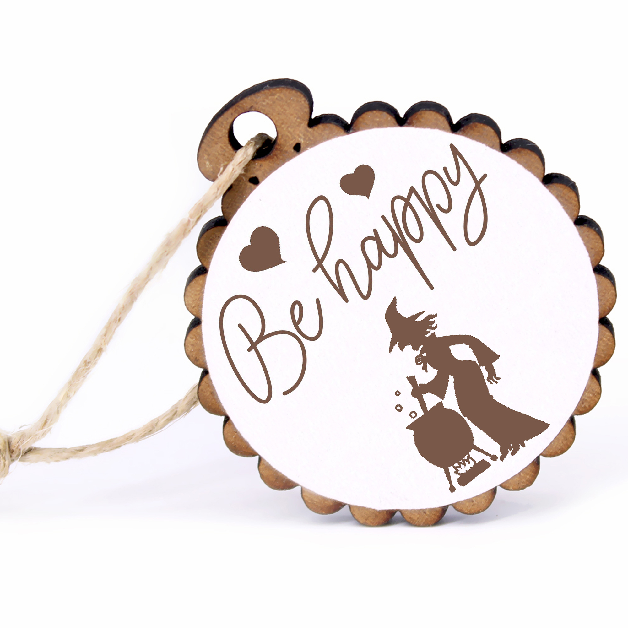 Geschenkanhänger - Be Happy Hexe am Kessel -  Holz Ø-5cm - mit Juteband