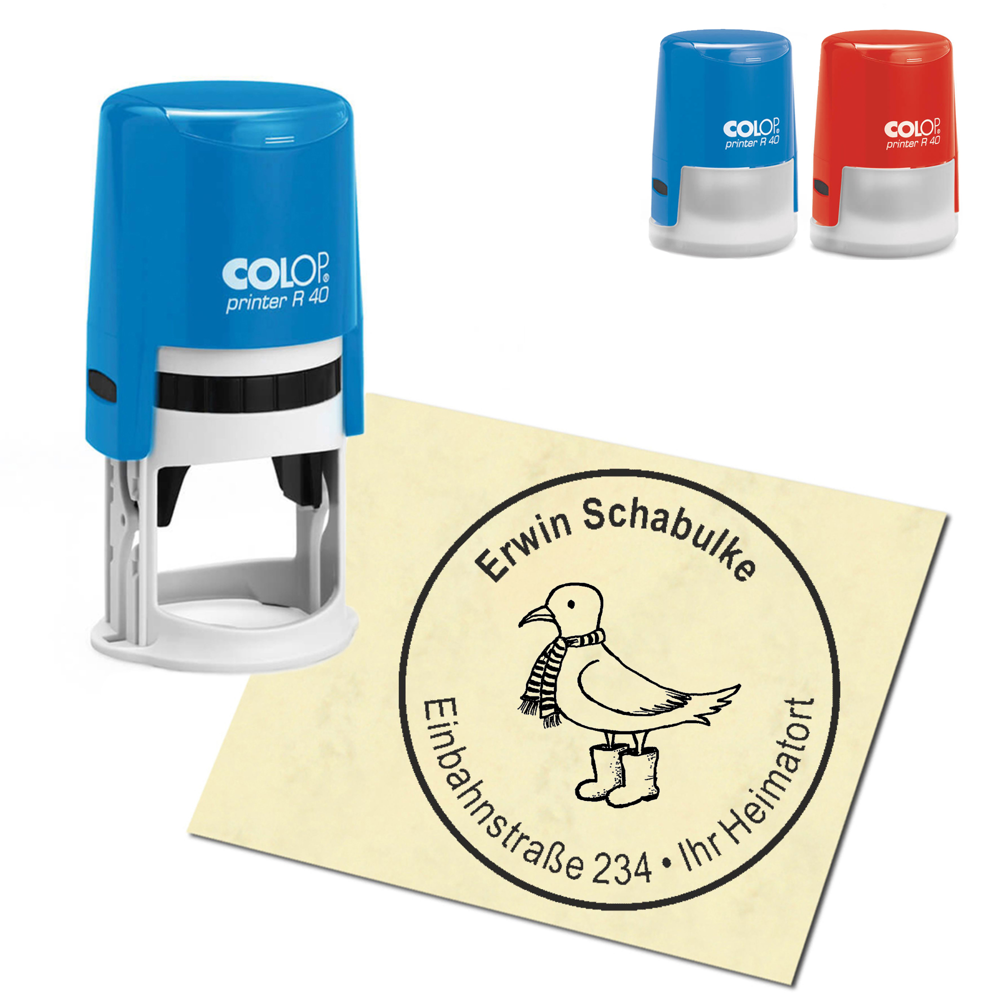 Stempel Adressstempel personalisiert - Möwe mit Schal - rund &empty; 40mm