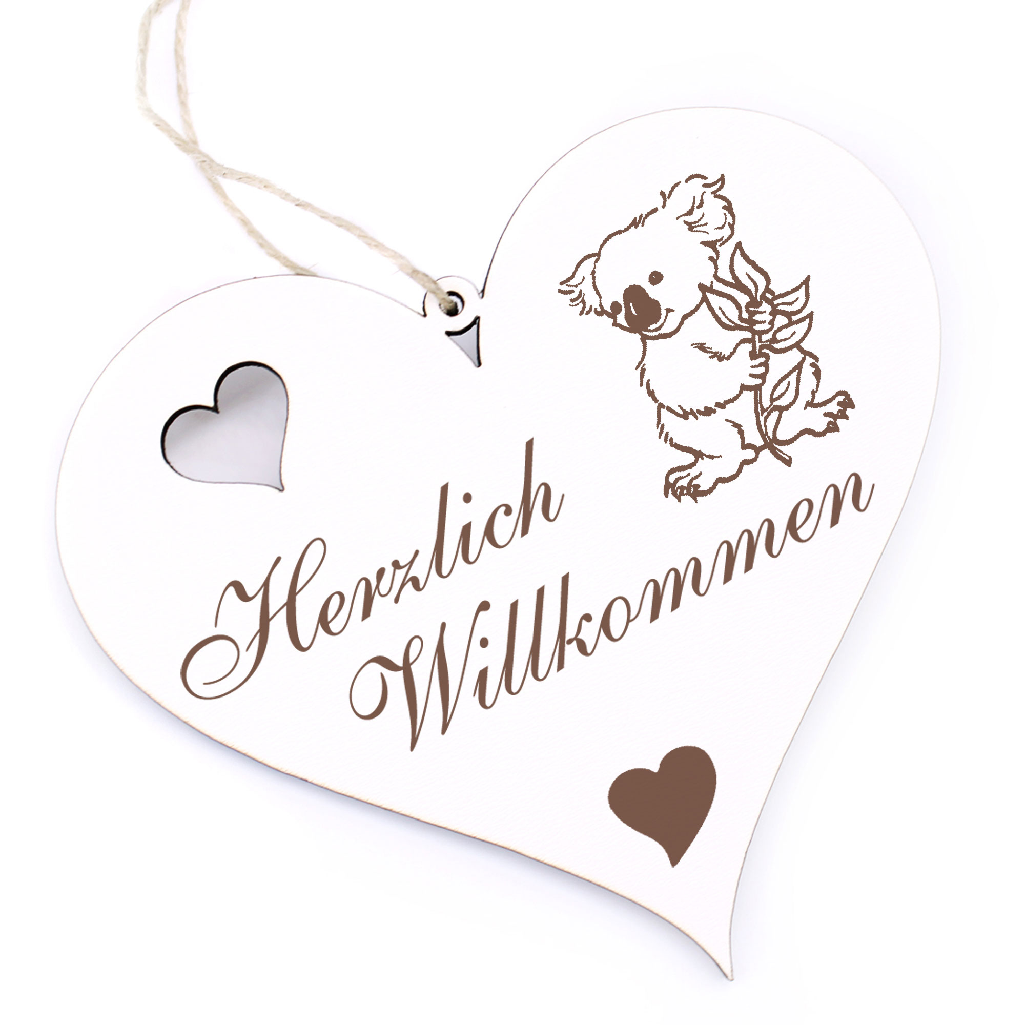 Herzlich Willkommen Schild - Koala mit Blatt - Deko Herz Holz