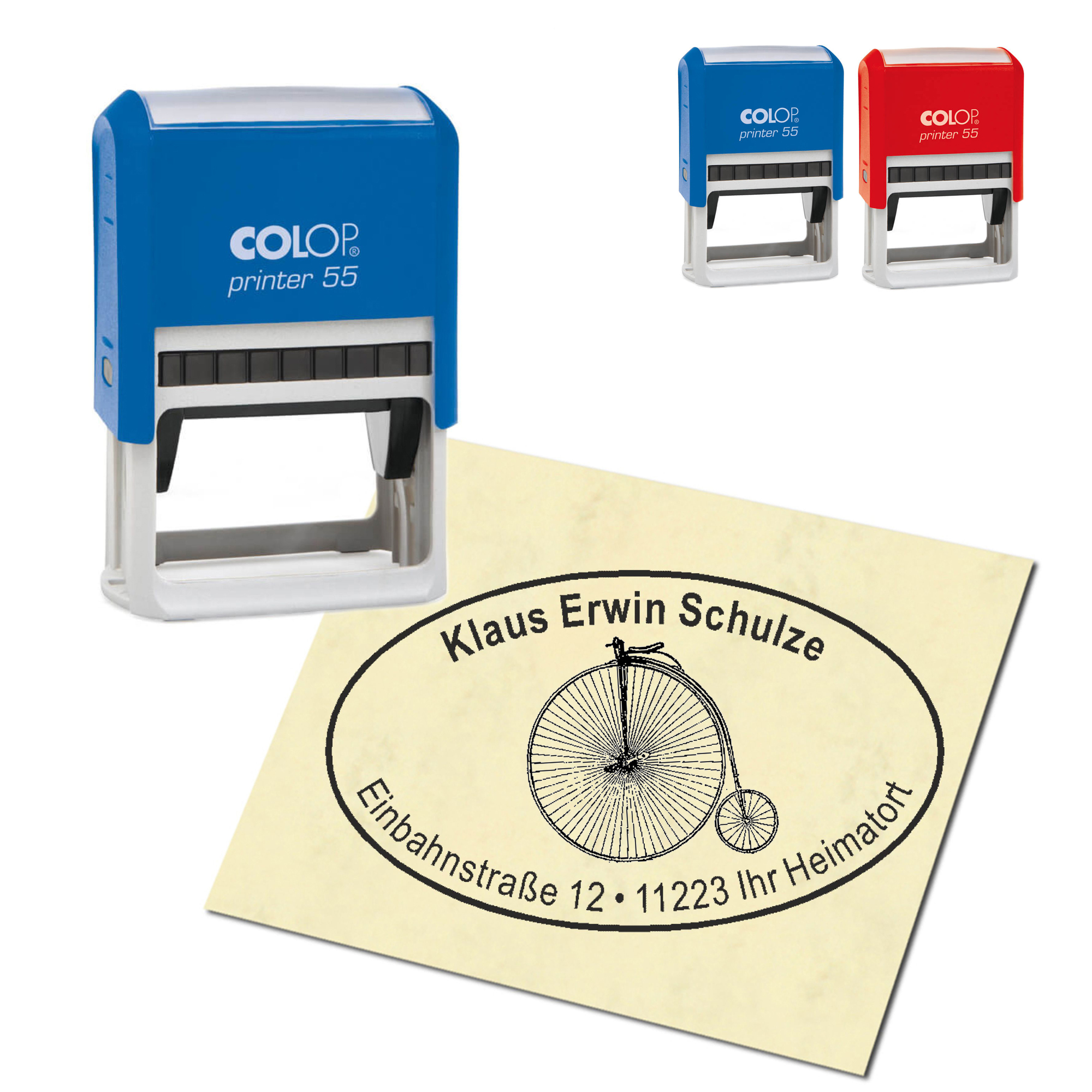 Adressstempel personalisiert Stempel - altes Hochrad - oval 59 x 39 mm